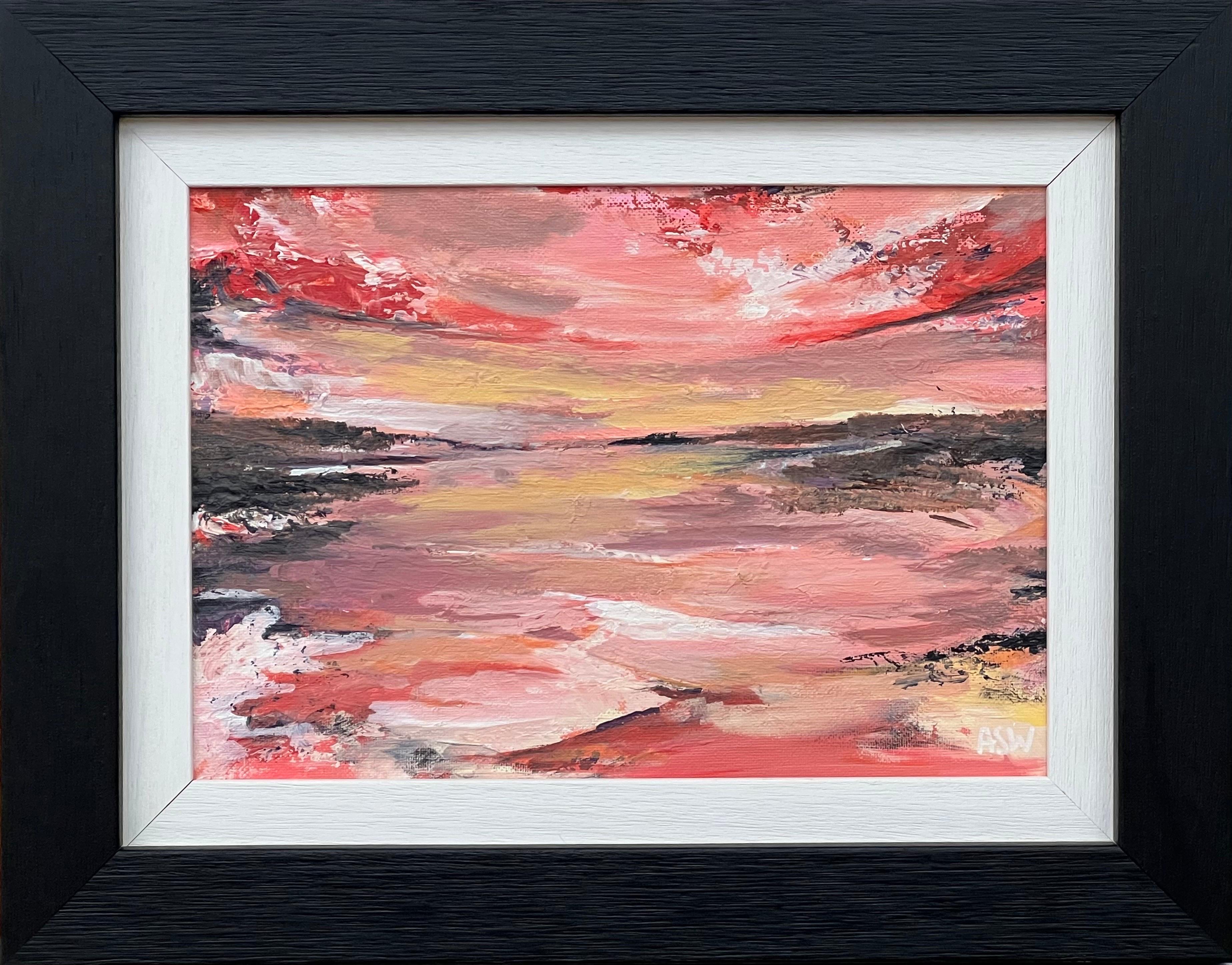 Landscape Painting Angela Wakefield - Impasto Abstract Landscape Seascape Painting with Pink Red Black & Golden Yellow (peinture abstraite de paysage marin avec rose, rouge, noir et jaune d'or)