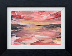 Abstrakte Impasto-Landschaft, Meereslandschaft, Gemälde mit Rosa, Rot, Schwarz und Goldgelb