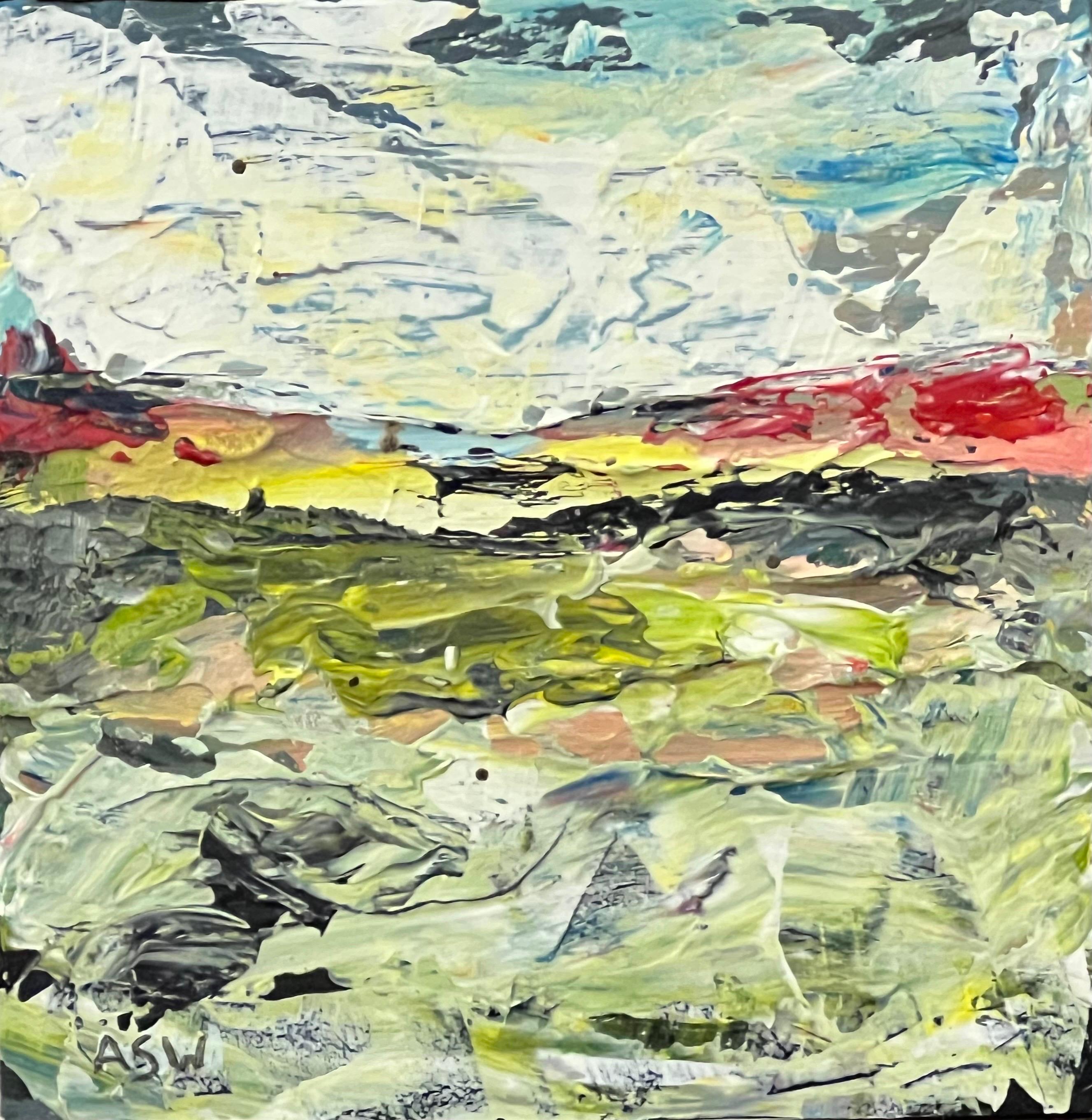 Impasto Abstract Seascape Landscape Miniature Study Contemporary British Artist - Abstract Expressionist Painting by Angela Wakefield