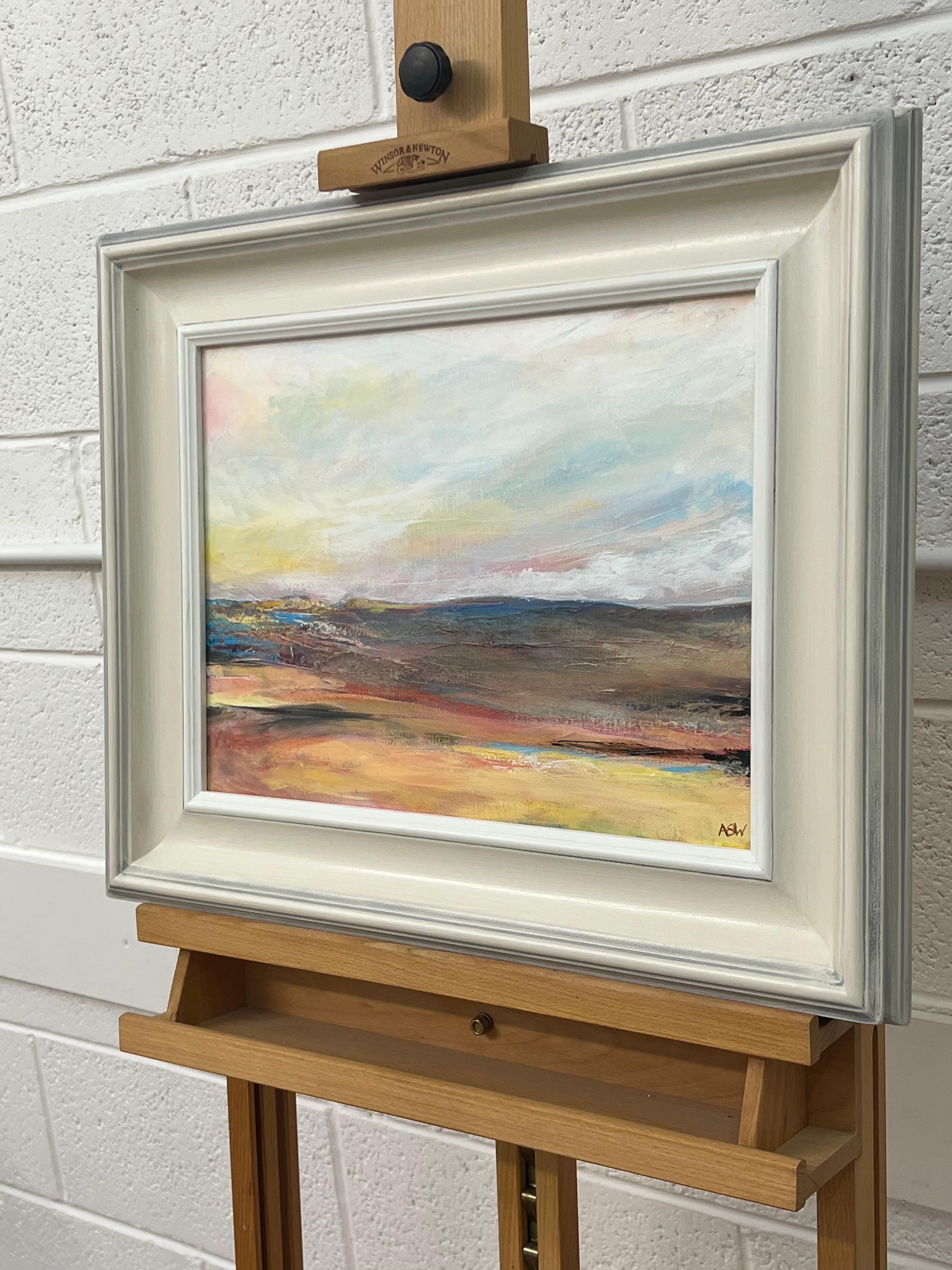 Impressionist Abstract Landscape of English Moorland by Contemporary British Artist, Angela Wakefield. Entitled 'Serenity #05', this atmospheric painting depicts an imagined desolate moorland scene using muted pastel colours. This unique original