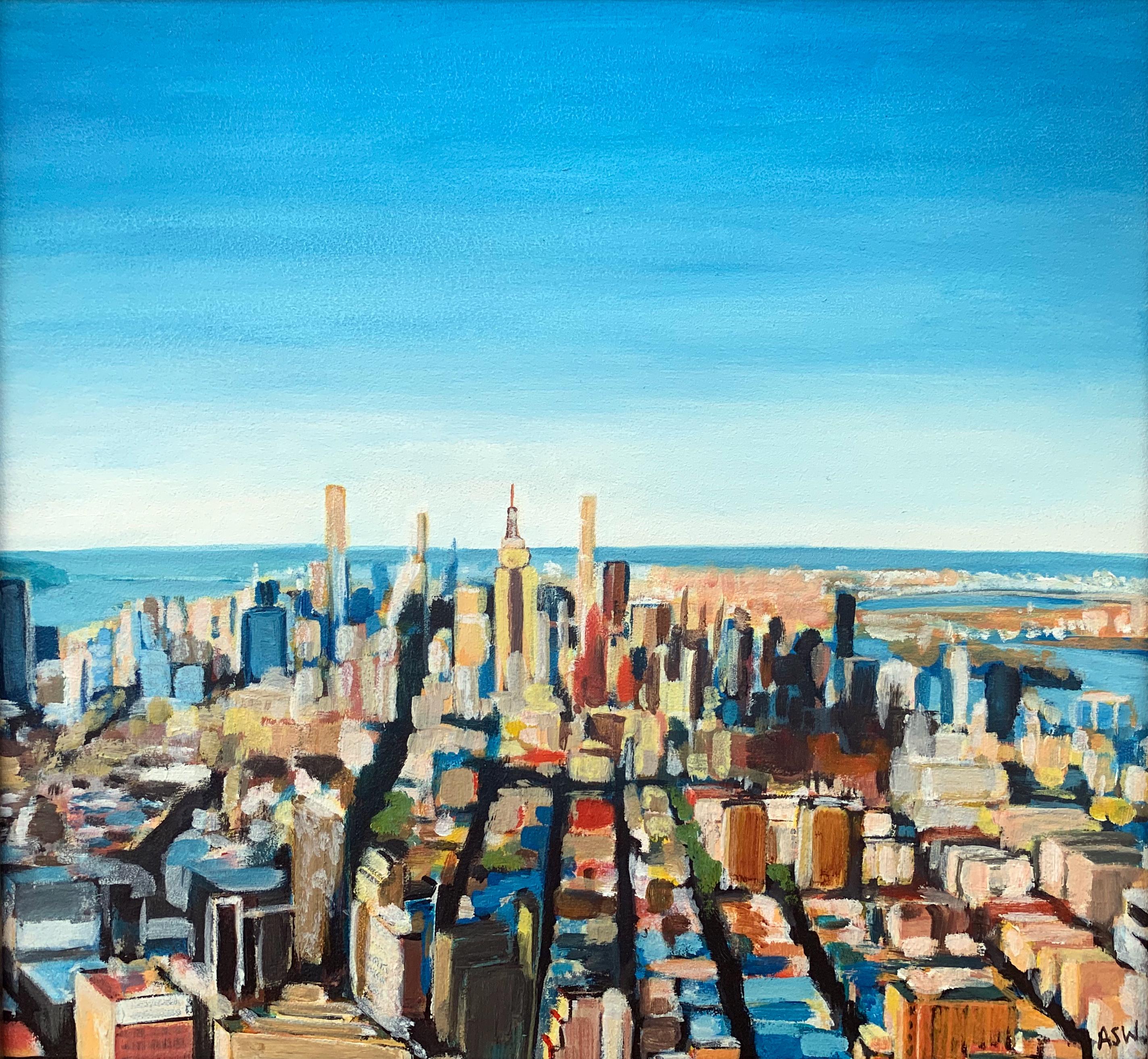 Impressionistische Luftansicht von Manhattan Island, New York City, von britischem Künstler – Painting von Angela Wakefield