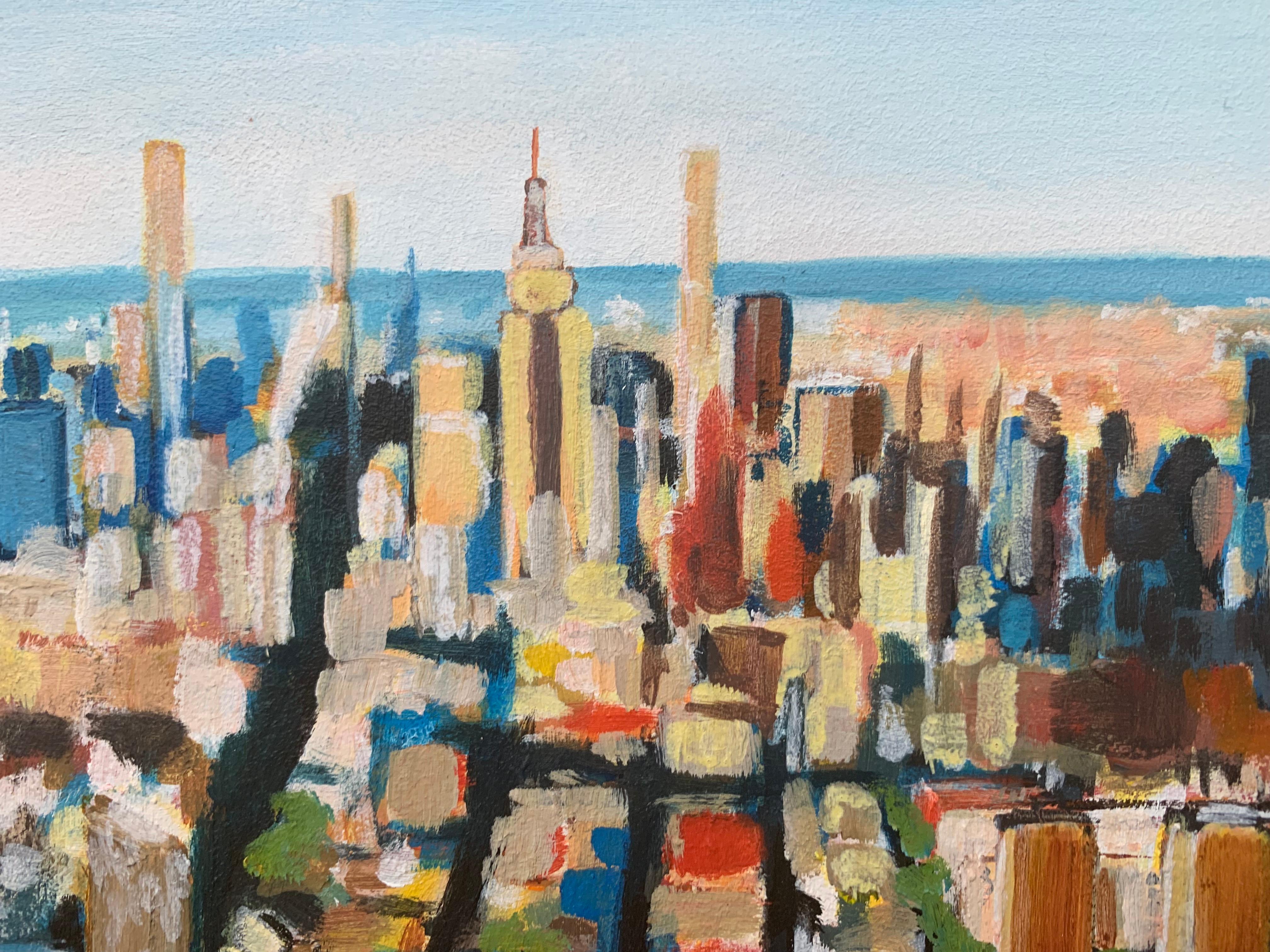Impressionistic Aerial View of Manhattan Island New York City by British Artist - Brown Landscape Painting by Angela Wakefield