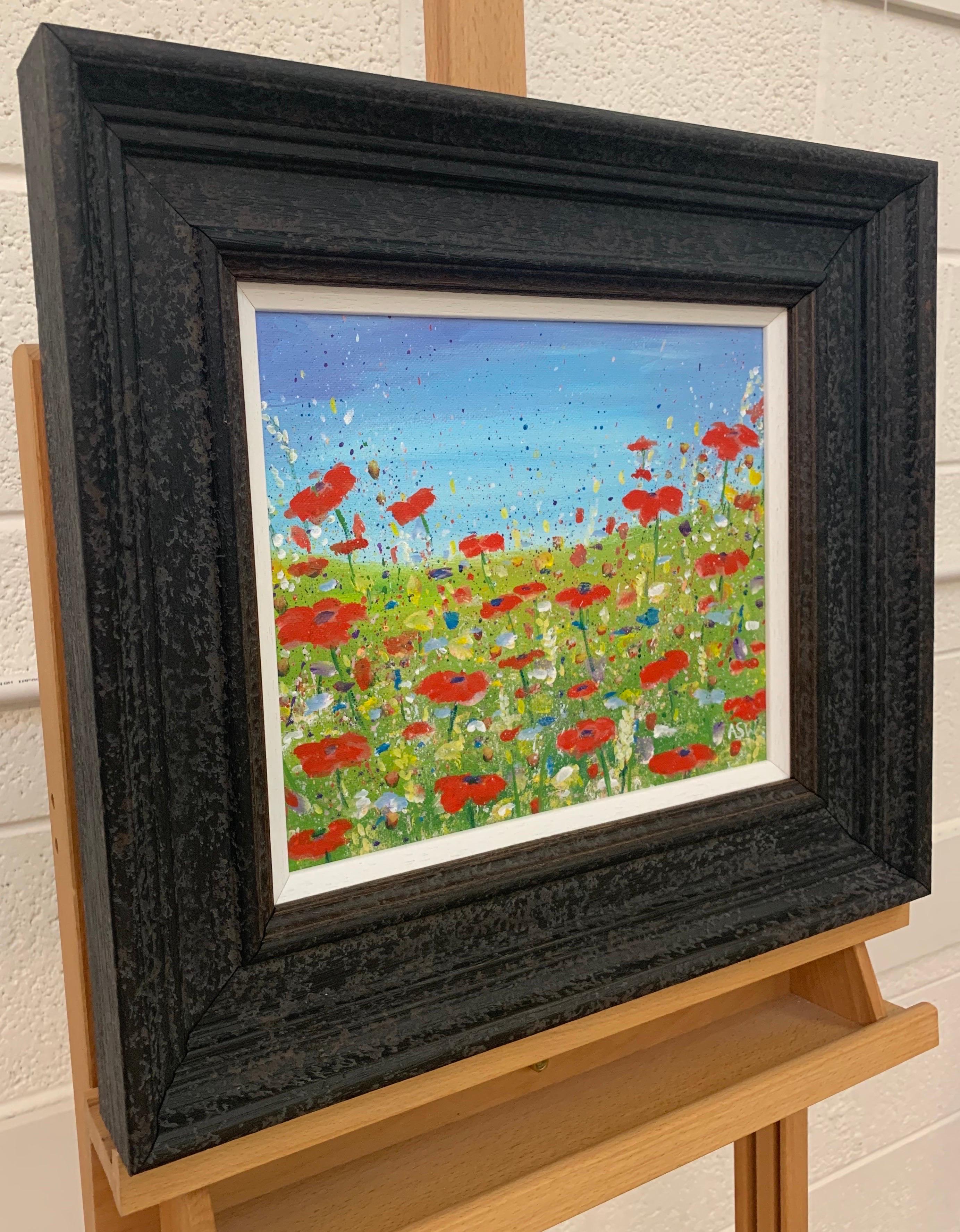 Impressionistic Wild Red Flowers in an English Meadow by Contemporary Artist - Painting by Angela Wakefield