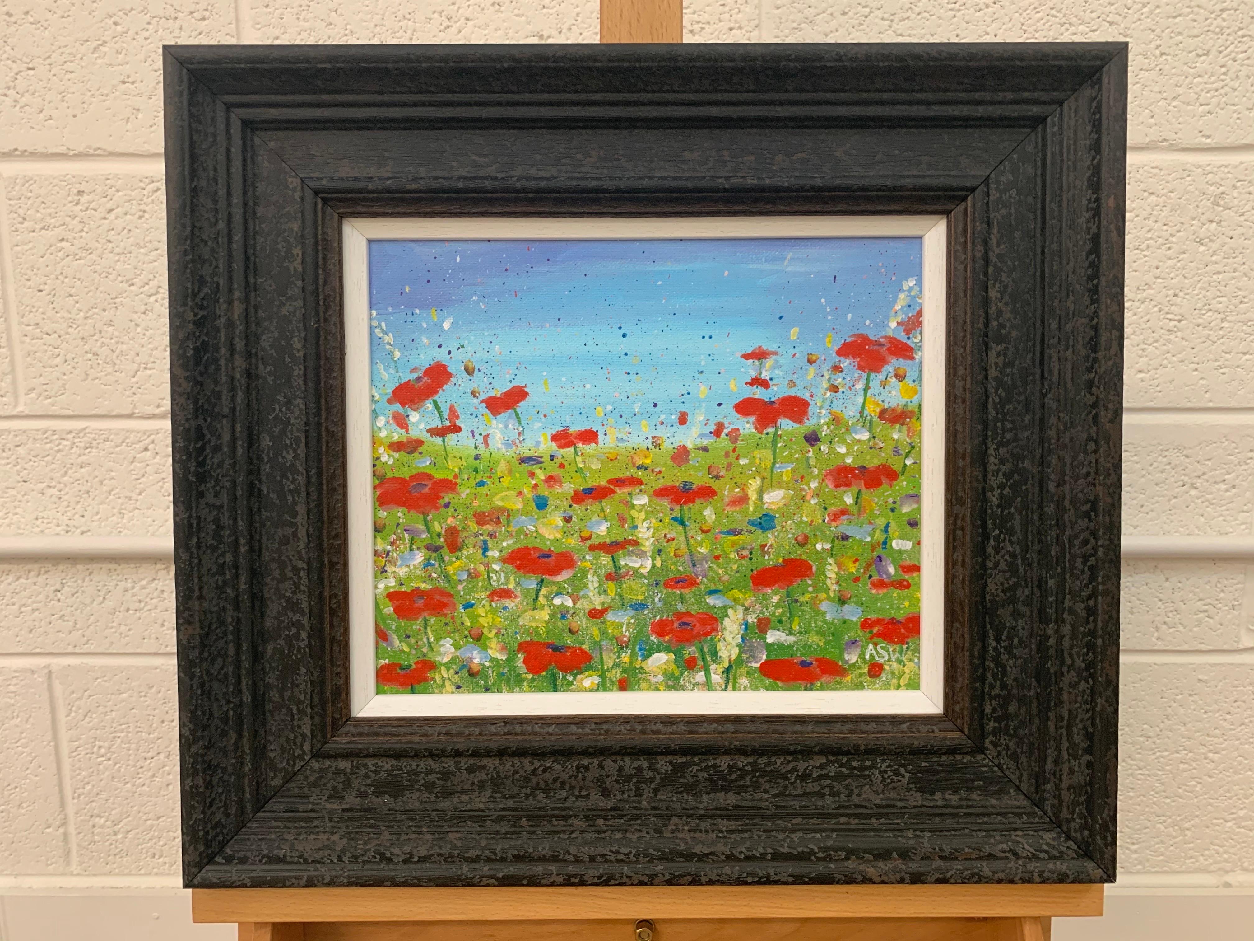 Impressionistic Wild Red Flowers in an English Meadow by British Contemporary Artist, Angela Wakefield. This original is from the 'Spring Burst' Interior Design Series. Framed in a high quality off-black contemporary wooden moulding with a white