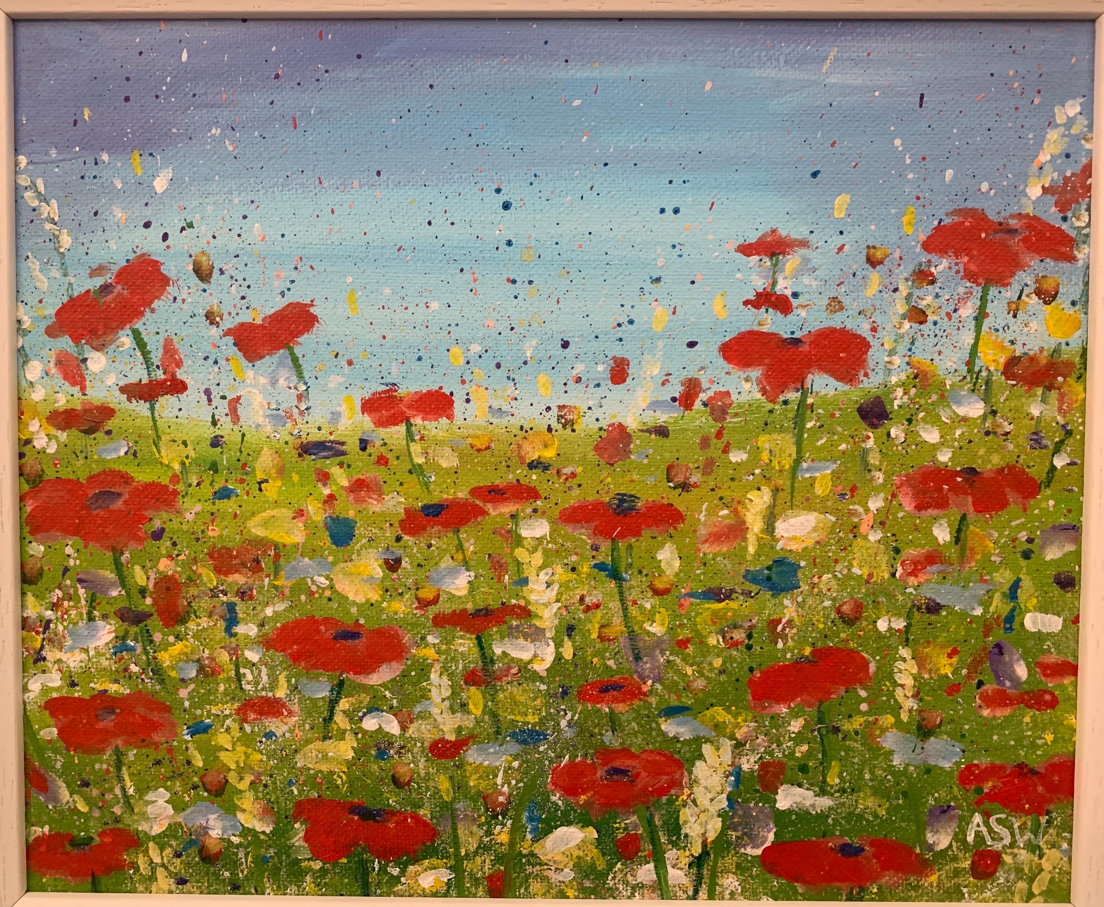 Impressionistic Wild Red Flowers in an English Meadow by Contemporary Artist For Sale 1