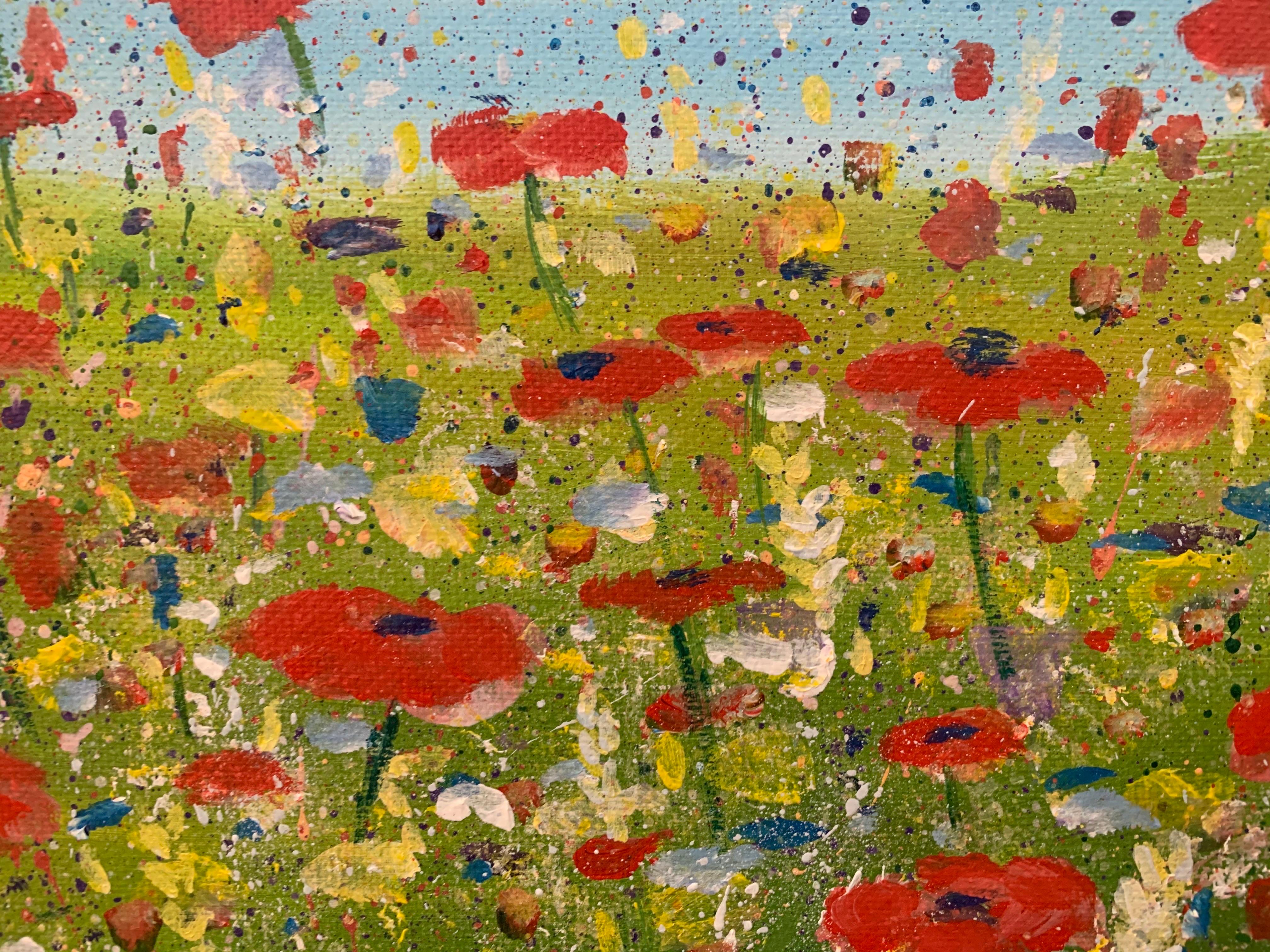 Impressionistic Wild Red Flowers in an English Meadow by Contemporary Artist For Sale 2