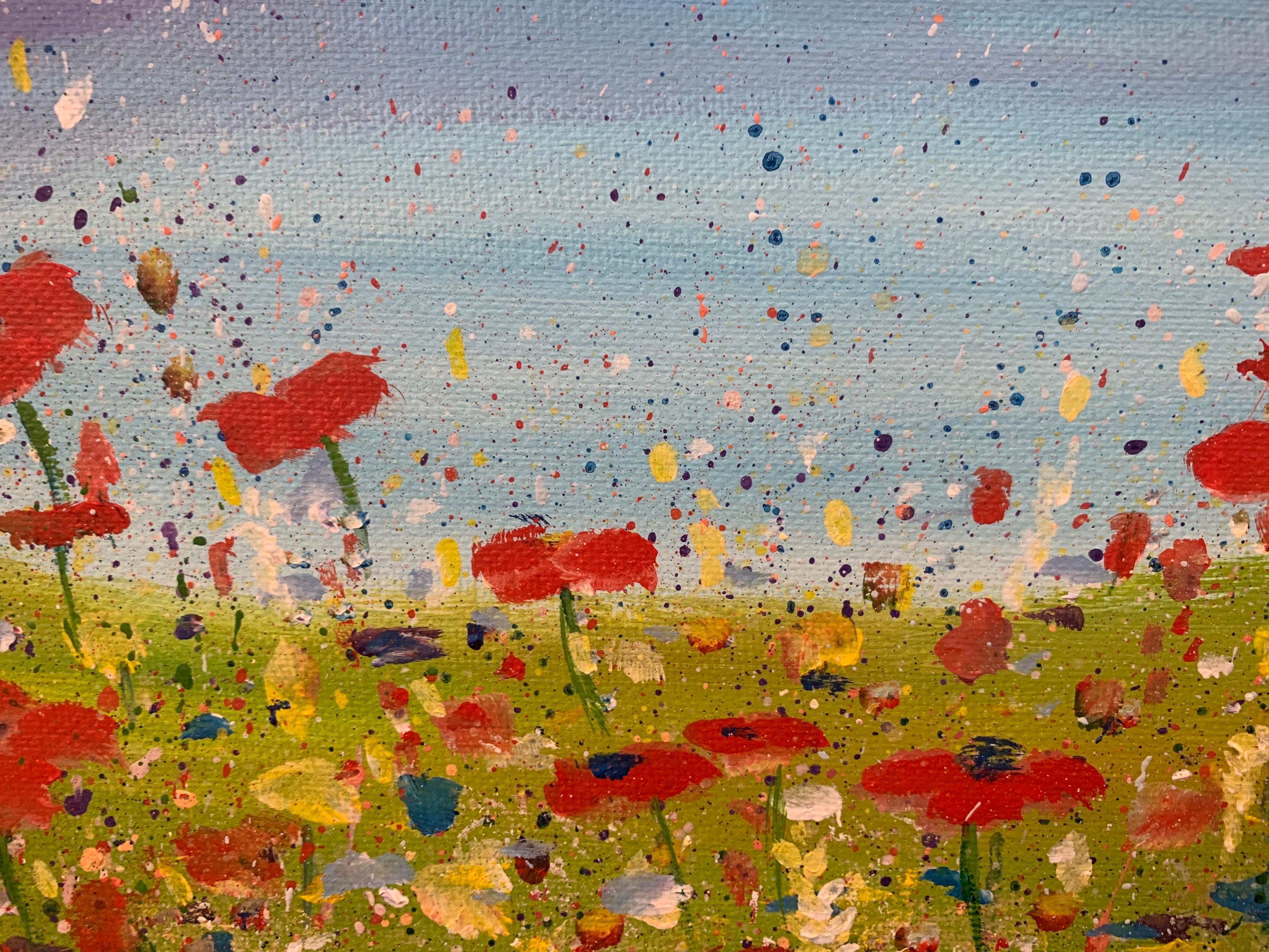 Impressionistic Wild Red Flowers in an English Meadow by Contemporary Artist For Sale 3