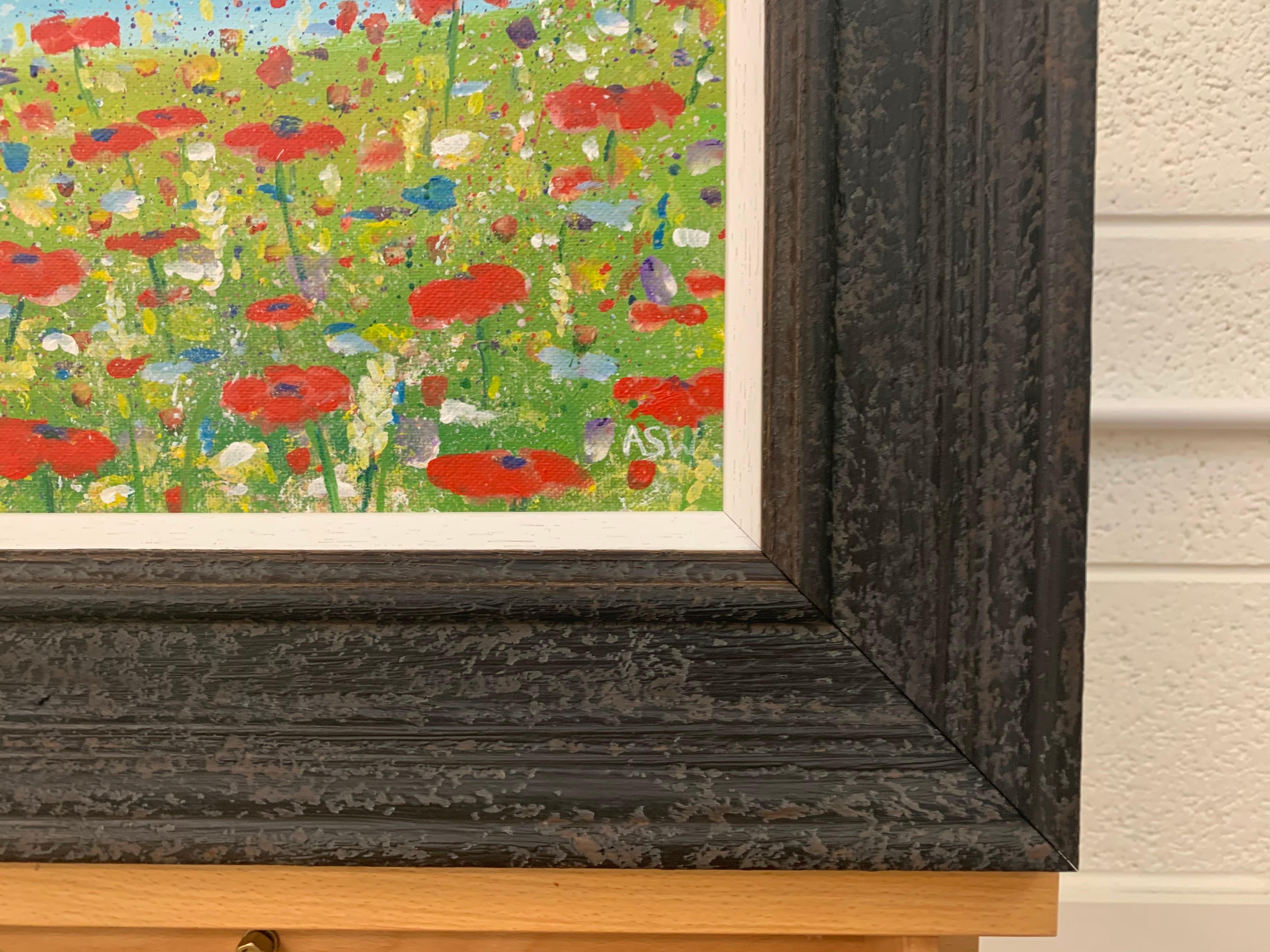 Impressionistic Wild Red Flowers in an English Meadow by Contemporary Artist For Sale 4