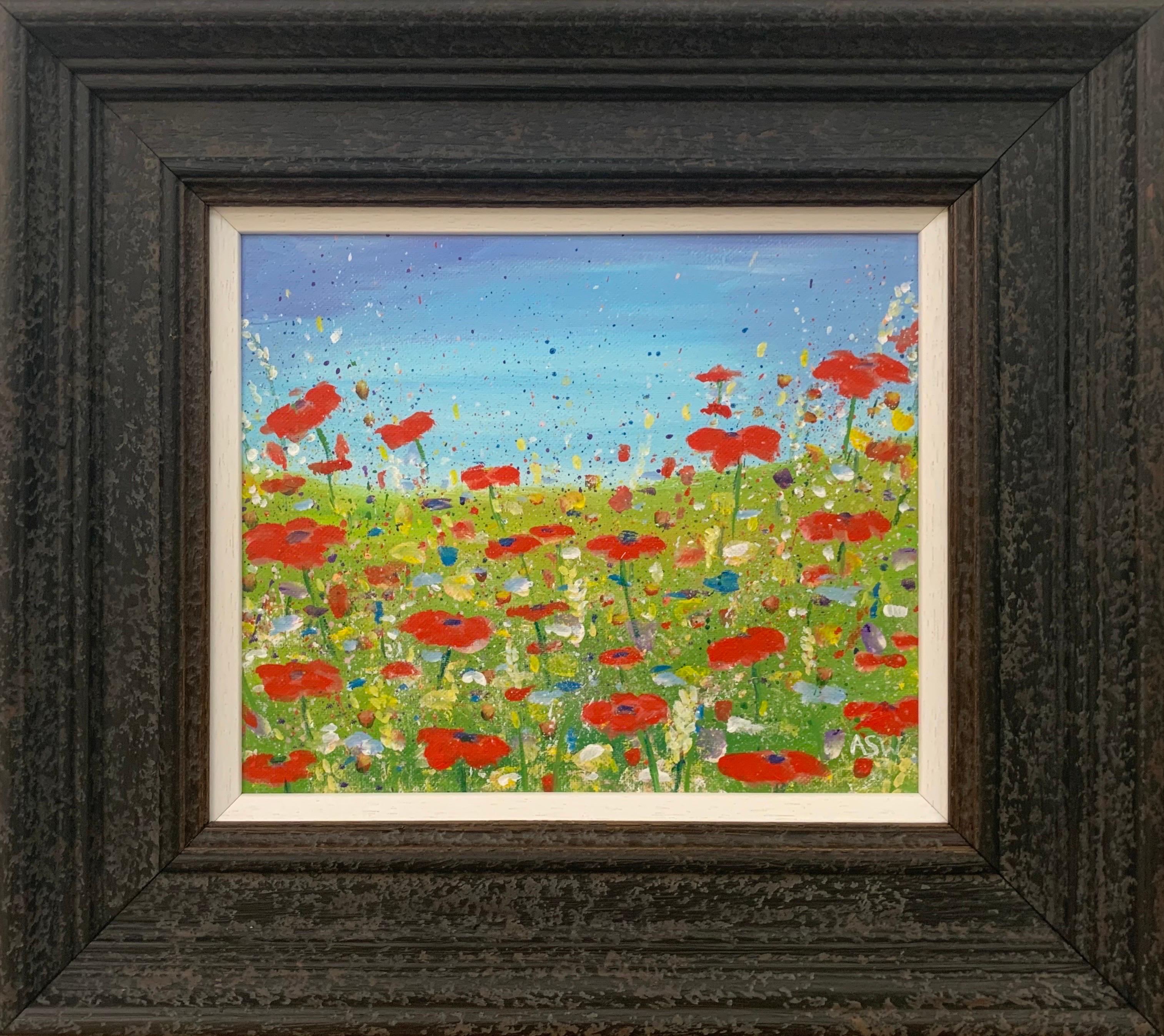 Angela Wakefield Still-Life Painting - Impressionistic Wild Red Flowers in an English Meadow by Contemporary Artist