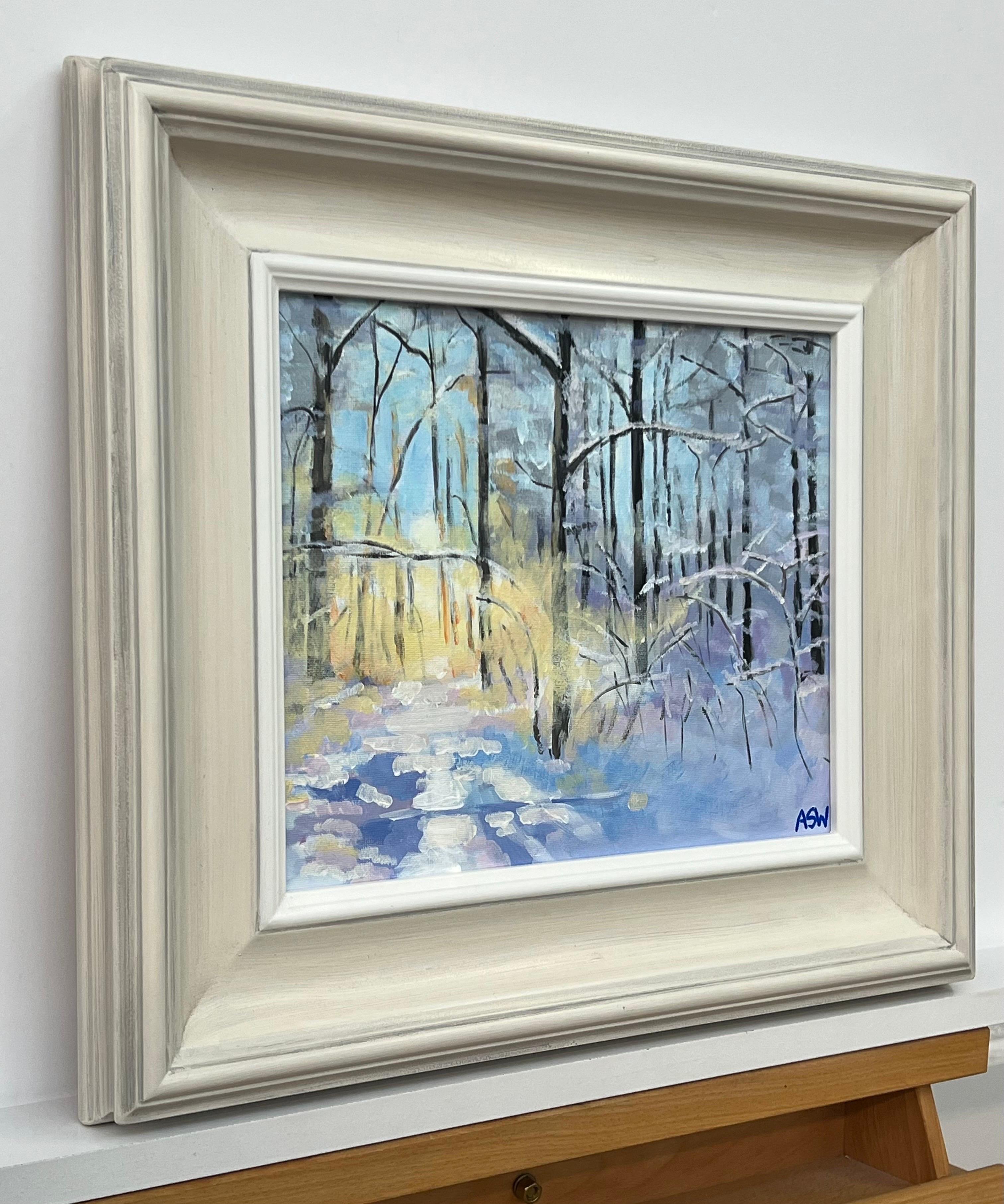 Peinture impressionniste de paysage de neige d'hiver dans la forêt de Zurich, Suisse - Painting de Angela Wakefield