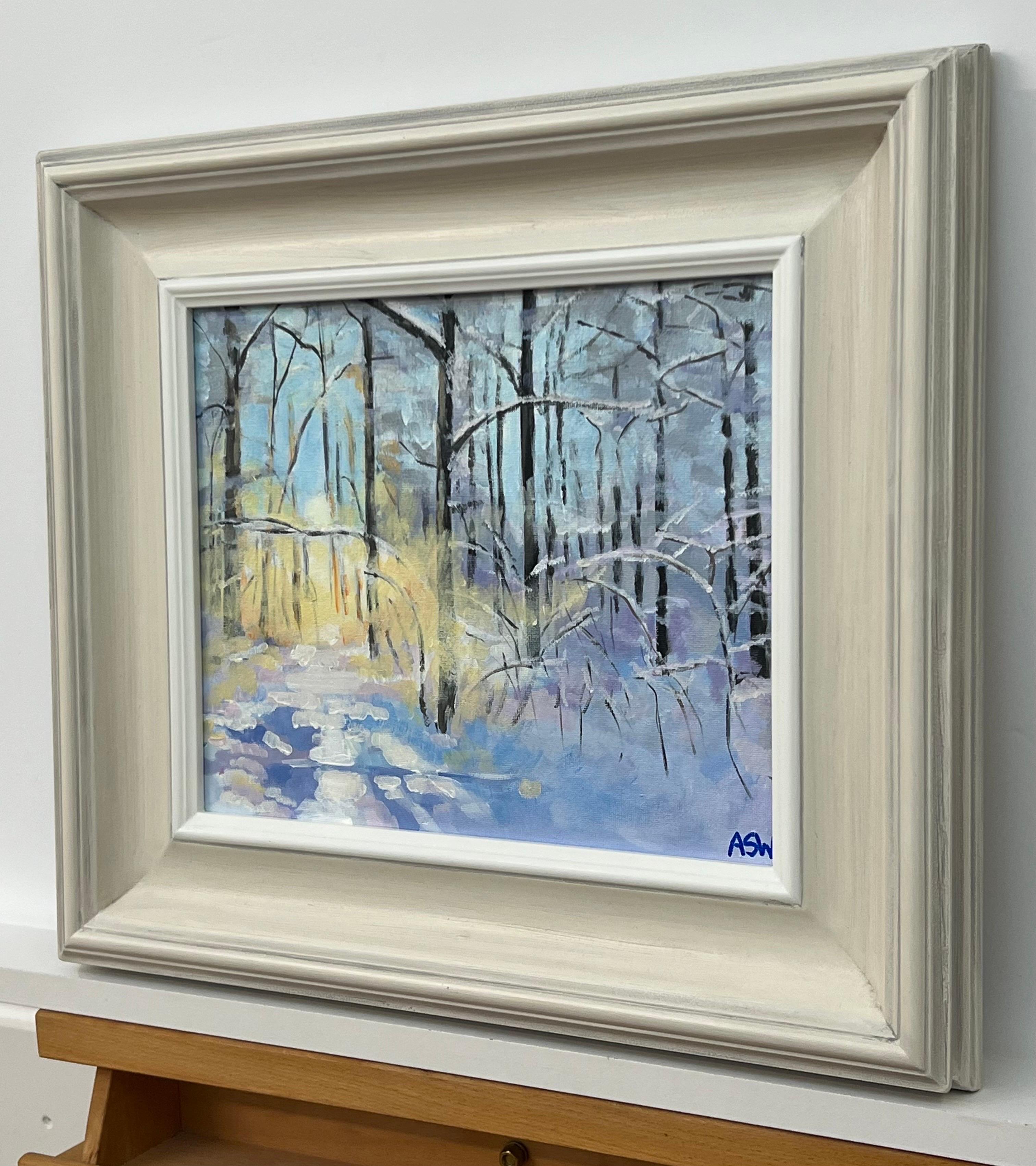 Impressionistische Winter-Schnee-Landschaftsmalerei eines Waldes in Zürich, Schweiz, von der führenden zeitgenössischen britischen Künstlerin Angela Wakefield. 

Kunst misst 12 x 10 Zoll 
Rahmen misst 18 x 16 Zoll 

Angela Wakefield war zweimal auf