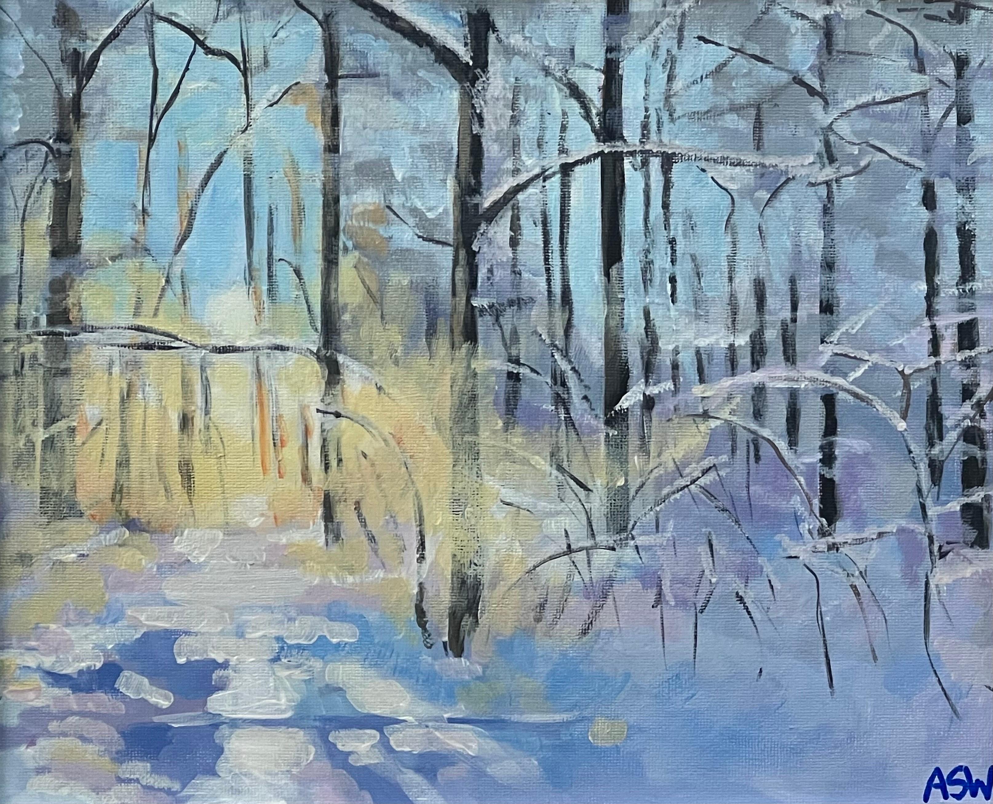 Peinture impressionniste de paysage de neige d'hiver dans la forêt de Zurich, Suisse en vente 1