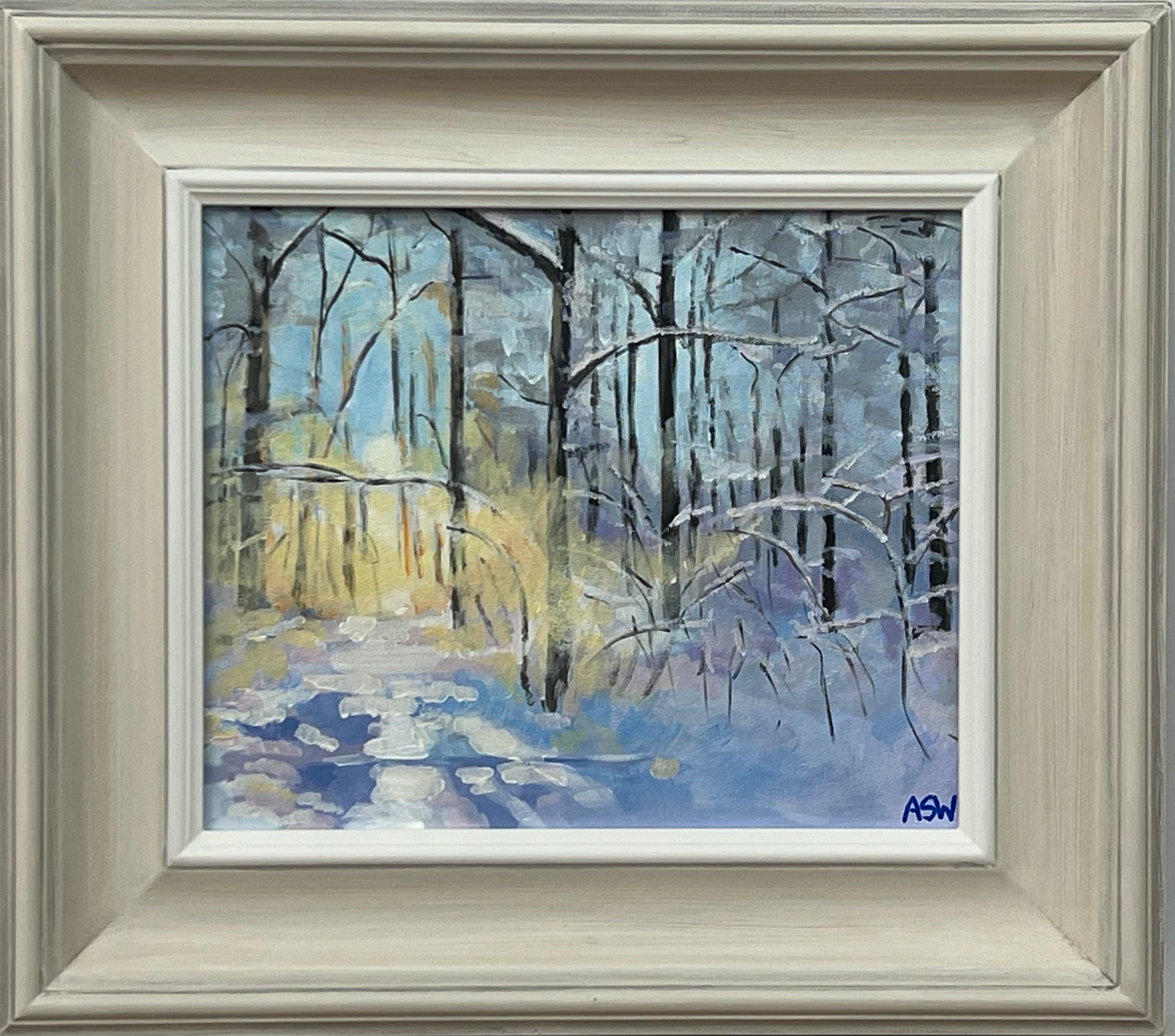 Landscape Painting Angela Wakefield - Peinture impressionniste de paysage de neige d'hiver dans la forêt de Zurich, Suisse