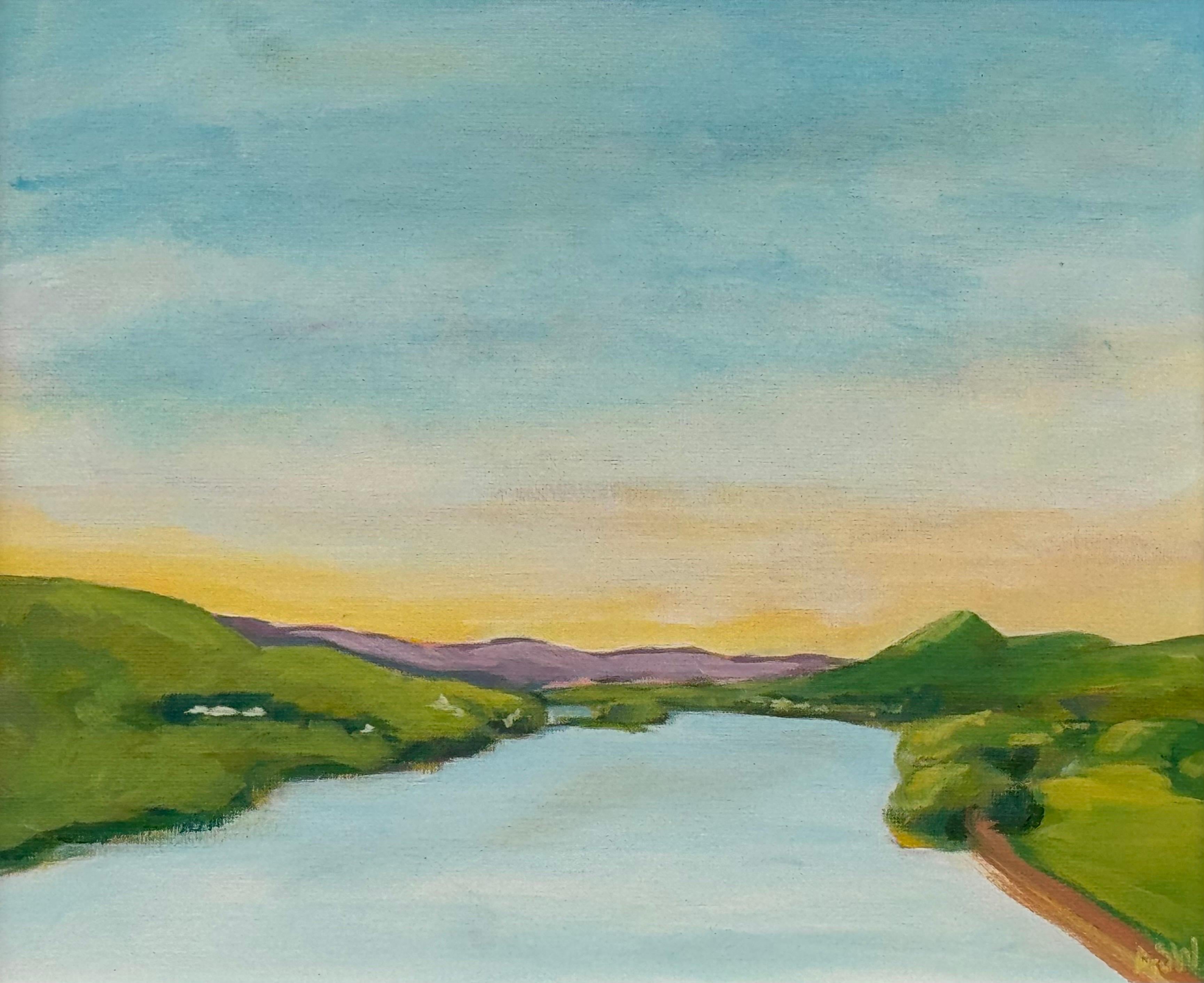 Paesaggio dipinto sul fiume Hudson, nello Stato di New York, USA, da un artista britannico - Landscape Painting Grigio di Angela Wakefield