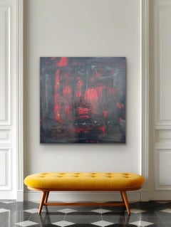Gran óleo sobre tabla de estilo expresionista abstracto en tonos negros y rojos, obra de un artista contemporáneo