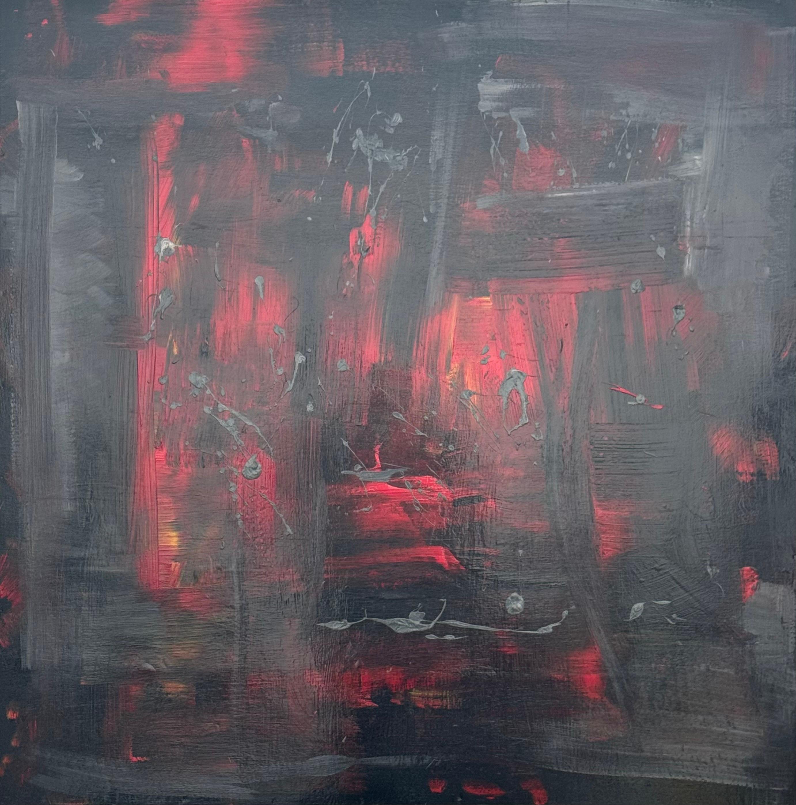 Large Black & Red Abstract Expressionist Oil on Board by Contemporary Artist