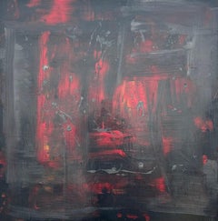 Gran óleo sobre tabla de estilo expresionista abstracto en tonos negros y rojos, obra de un artista contemporáneo