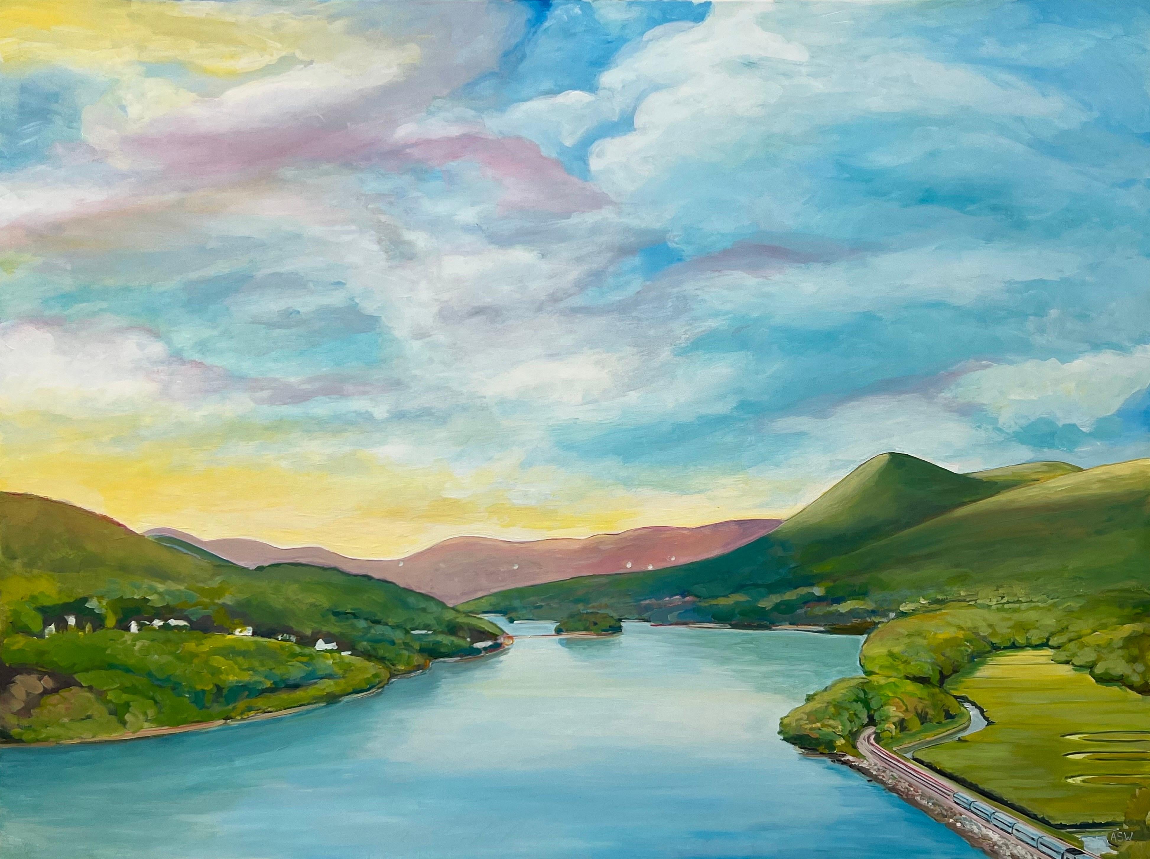 Grande peinture de paysage de la rivière Hudson, État de New York, États-Unis, par un artiste britannique - Painting de Angela Wakefield