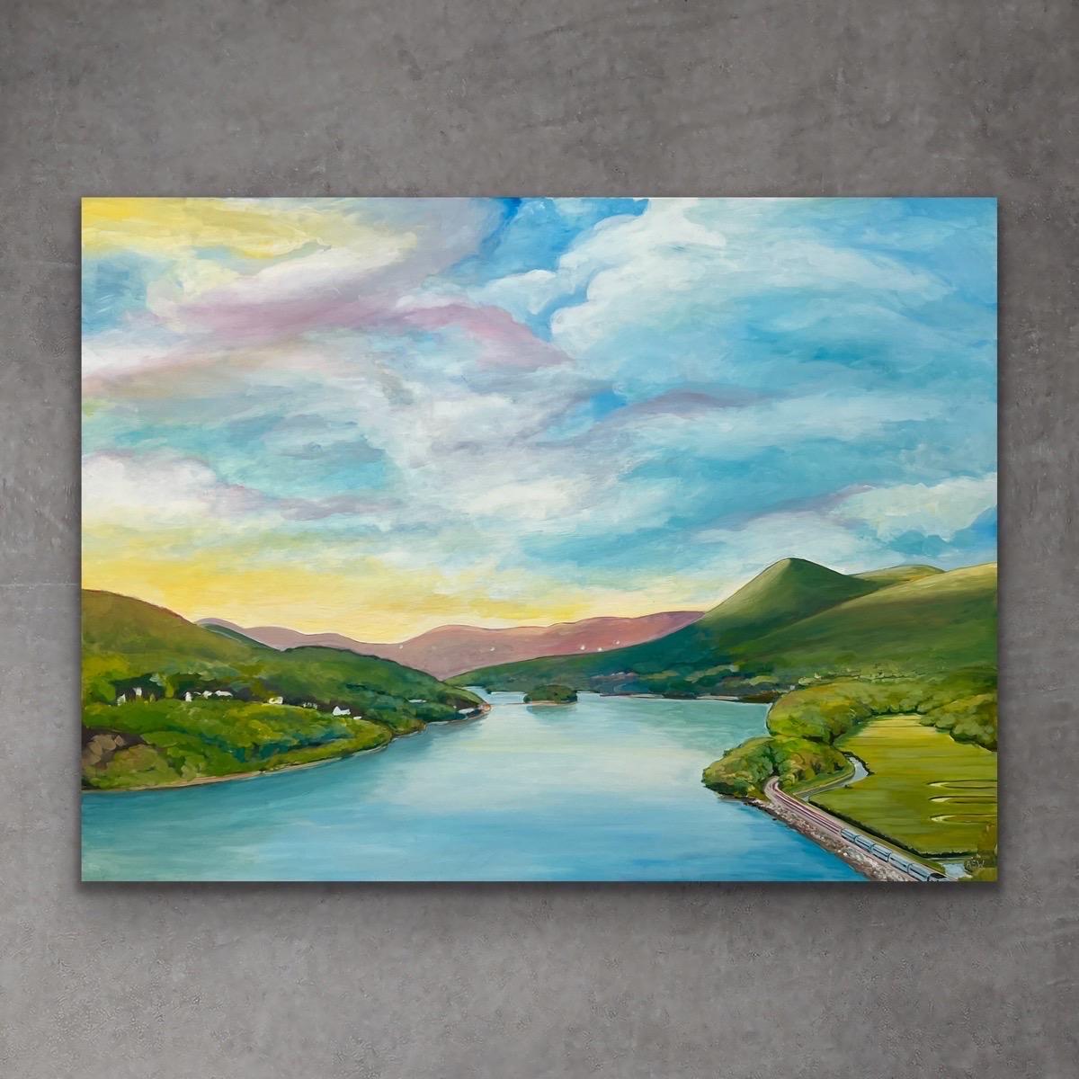 Grande dipinto di paesaggio del fiume Hudson, Stato di New York, USA, realizzato da un artista britannico - Painting Contemporaneo di Angela Wakefield