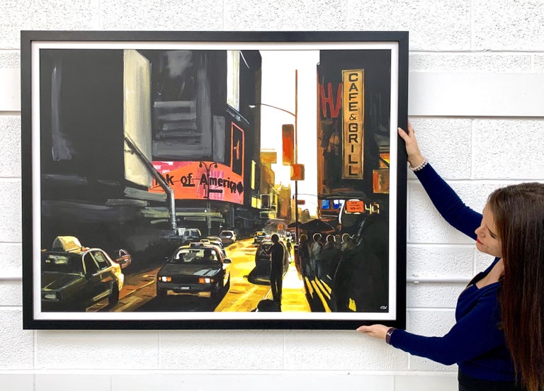 Large Atmospheric Black & Yellow Painting of Broadway New York City by British Urban Landscape Artist, Angela Wakefield. This unique original is part of her New York Series and has been featured in exhibitions in England, and featured in Art of