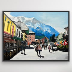 Grande dipinto di Chamonix Mont Blanc in Francia realizzato da un artista britannico contemporaneo