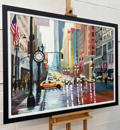 Grande peinture classique de la ville de New York ensoleillée avec des personnages par un artiste britannique