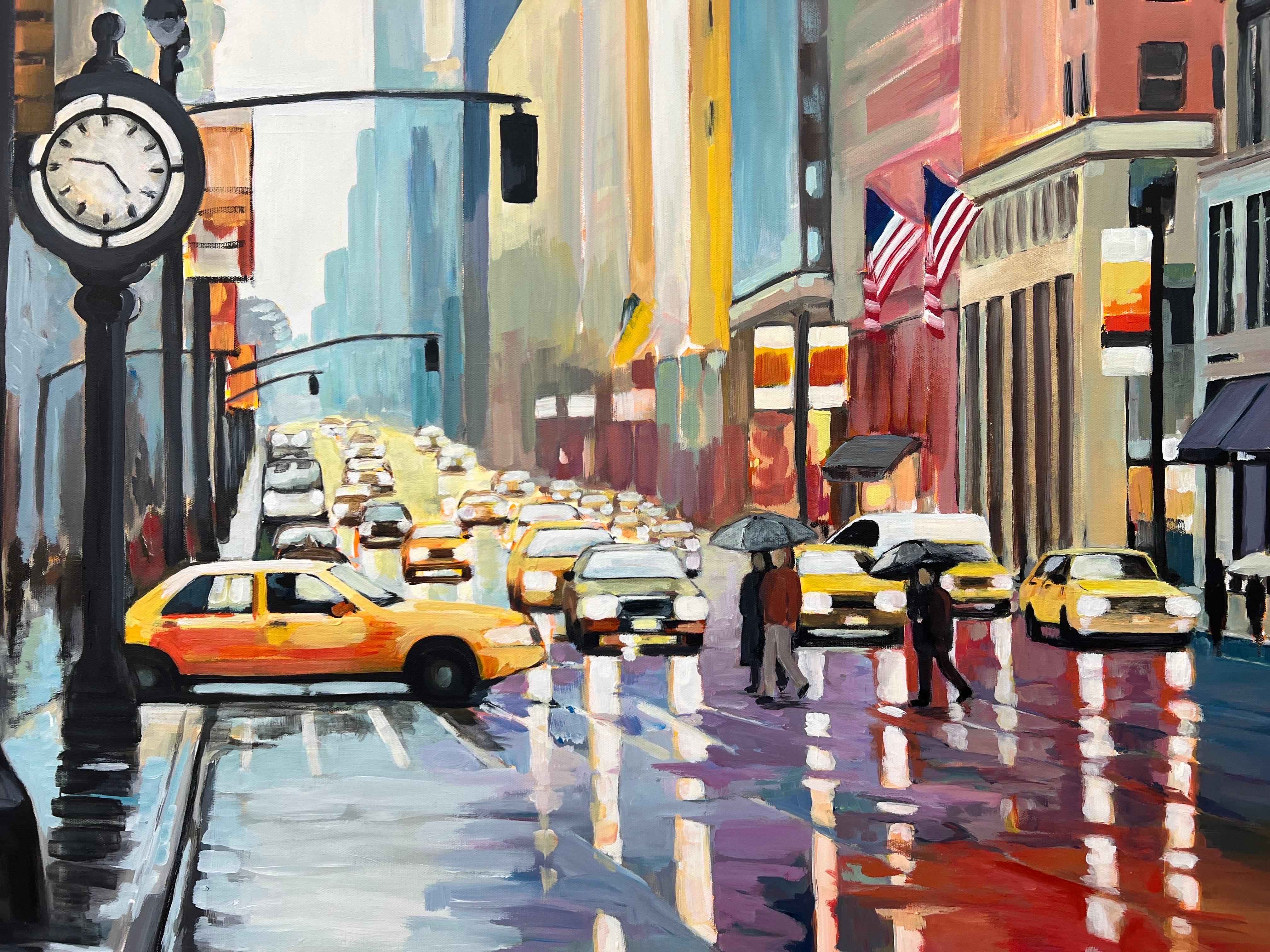 Großes Gemälde der klassischen New Yorker Stadt im Regen mit Figuren des britischen Künstlers im Angebot 1