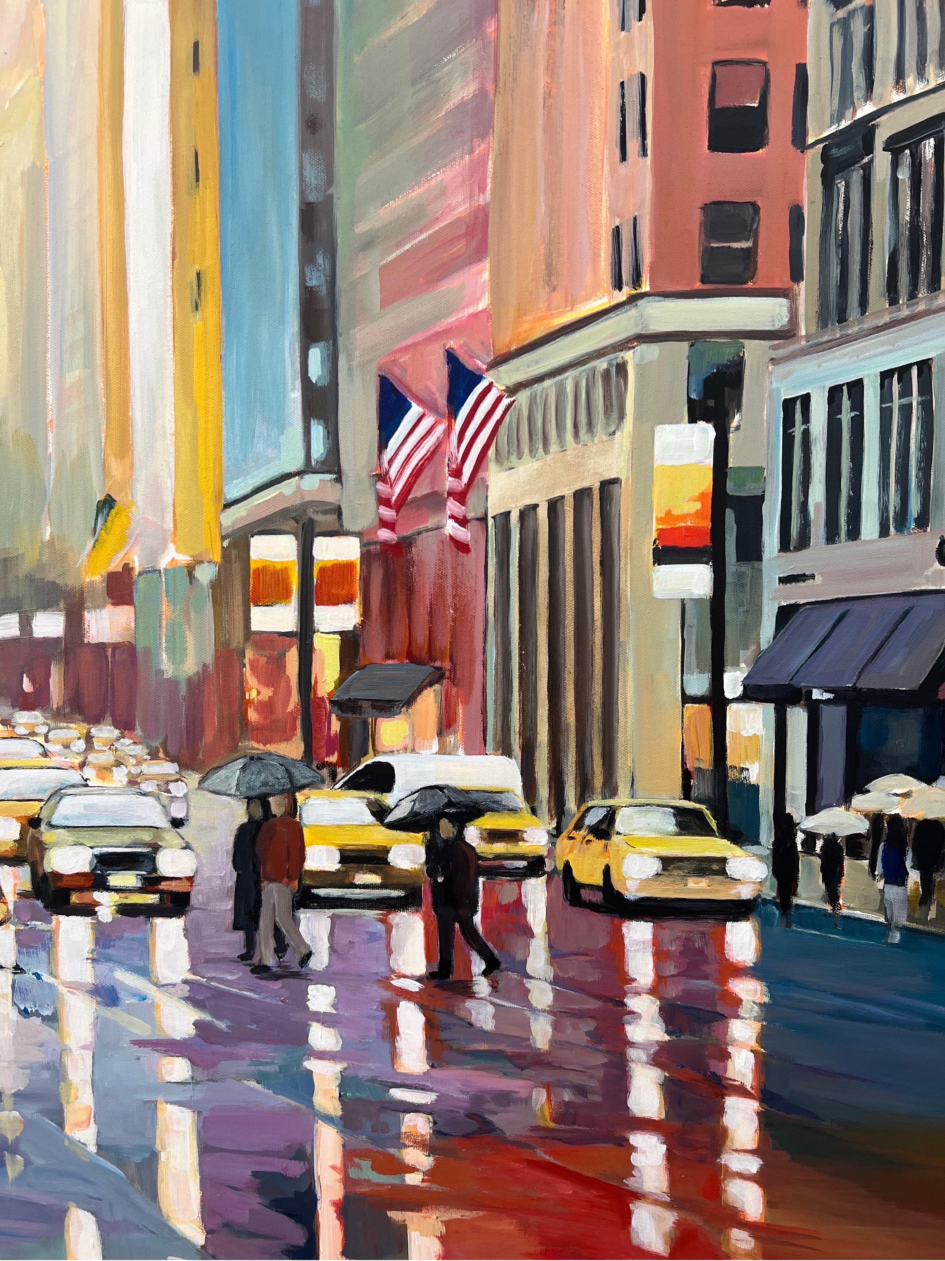 Großes Gemälde der klassischen New Yorker Stadt im Regen mit Figuren des britischen Künstlers im Angebot 2