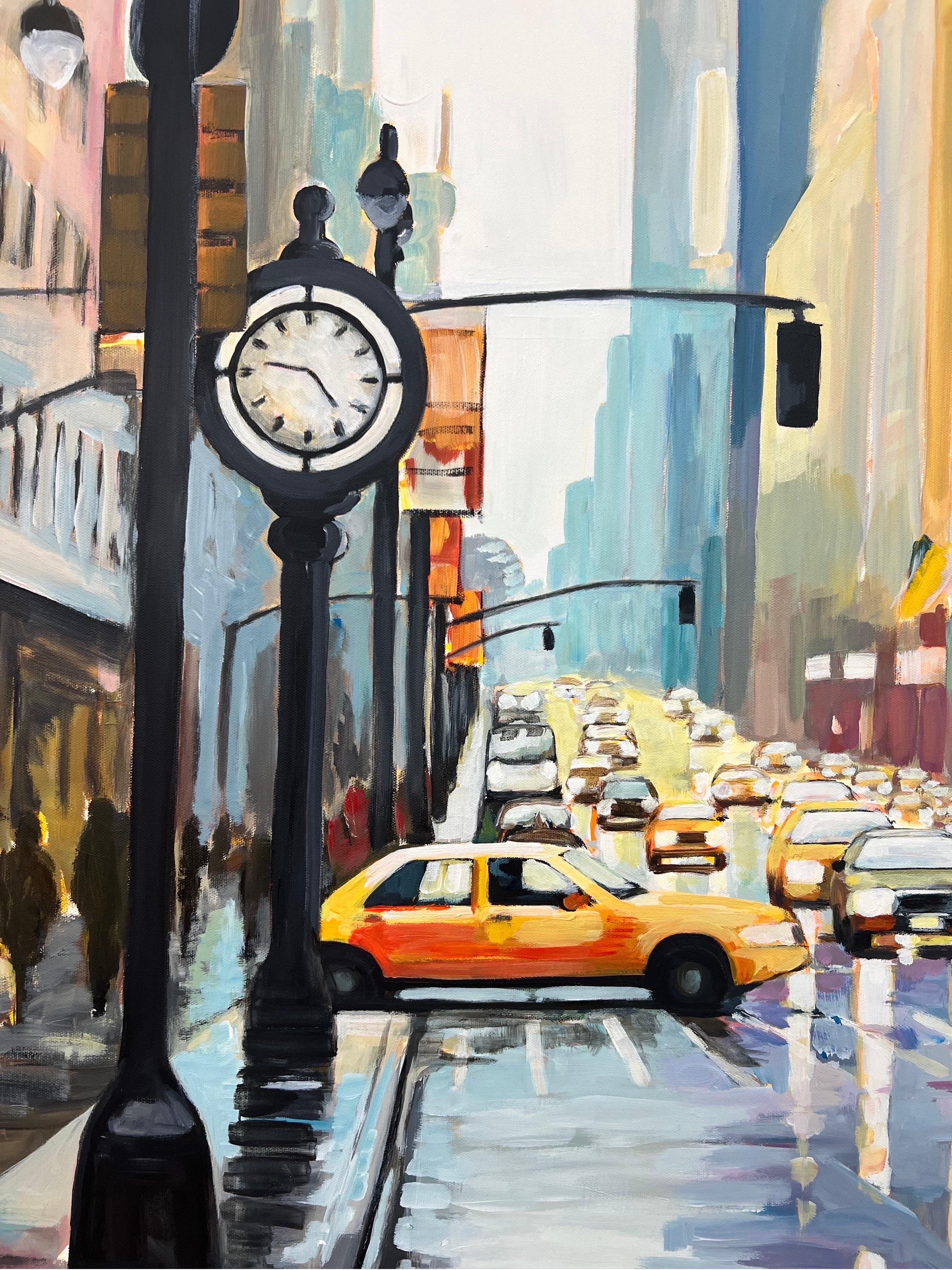 Grande peinture classique de la ville de New York ensoleillée avec des personnages par un artiste britannique en vente 3