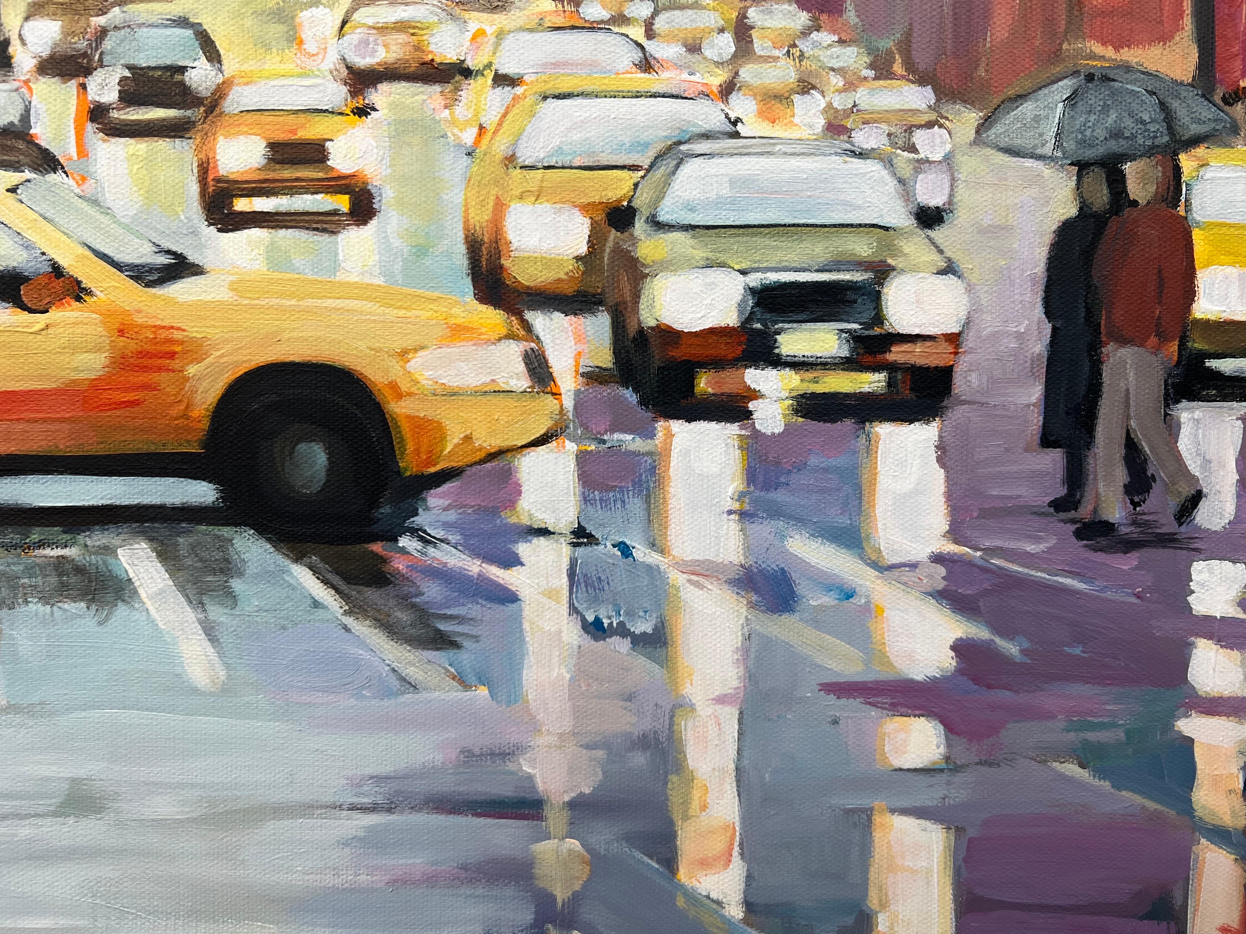 Großes Gemälde der klassischen New Yorker Stadt im Regen mit Figuren des britischen Künstlers im Angebot 4