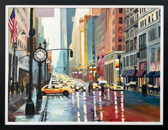 Large Painting of Classic New York City in Rain with Figures by British Artist
