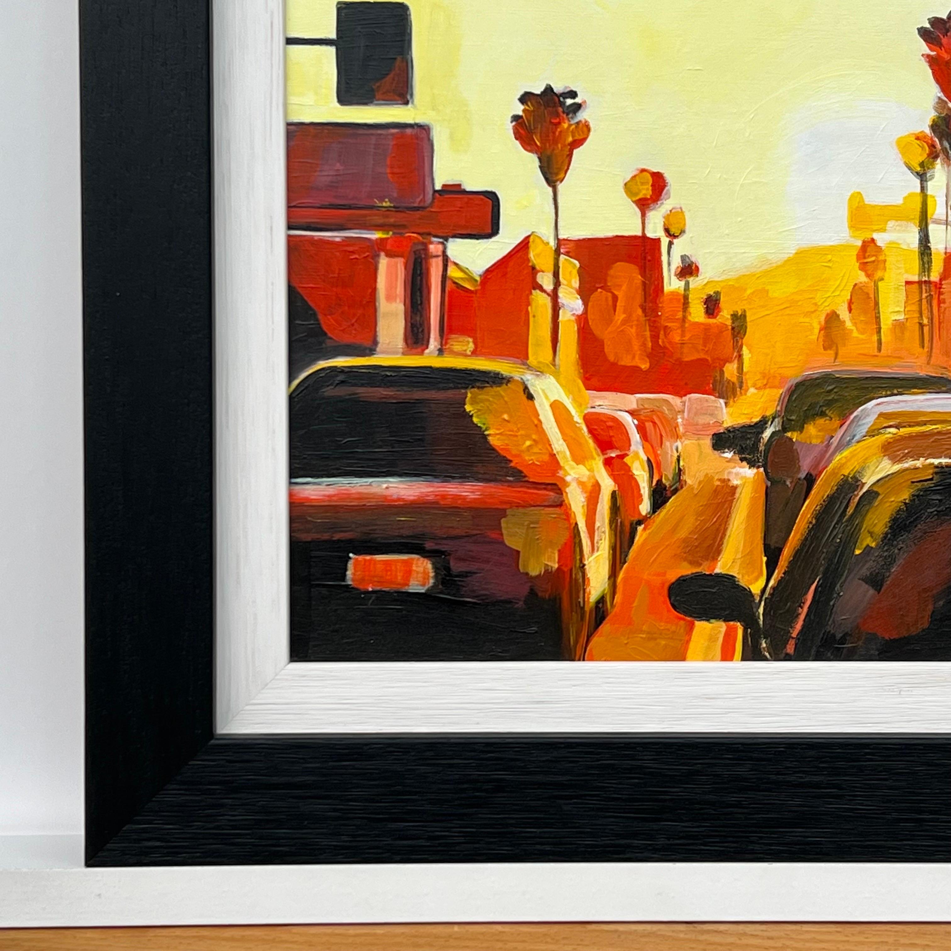 Los Angeles Traffic Street Scene Study with Sunshine & Palm Trees from the California Series by British Urban Landscape Artist, Angela Wakefield. 

At measures 12 x 12 inches
Frame measures 16 x 16 inches

Angela Wakefield has twice been on the
