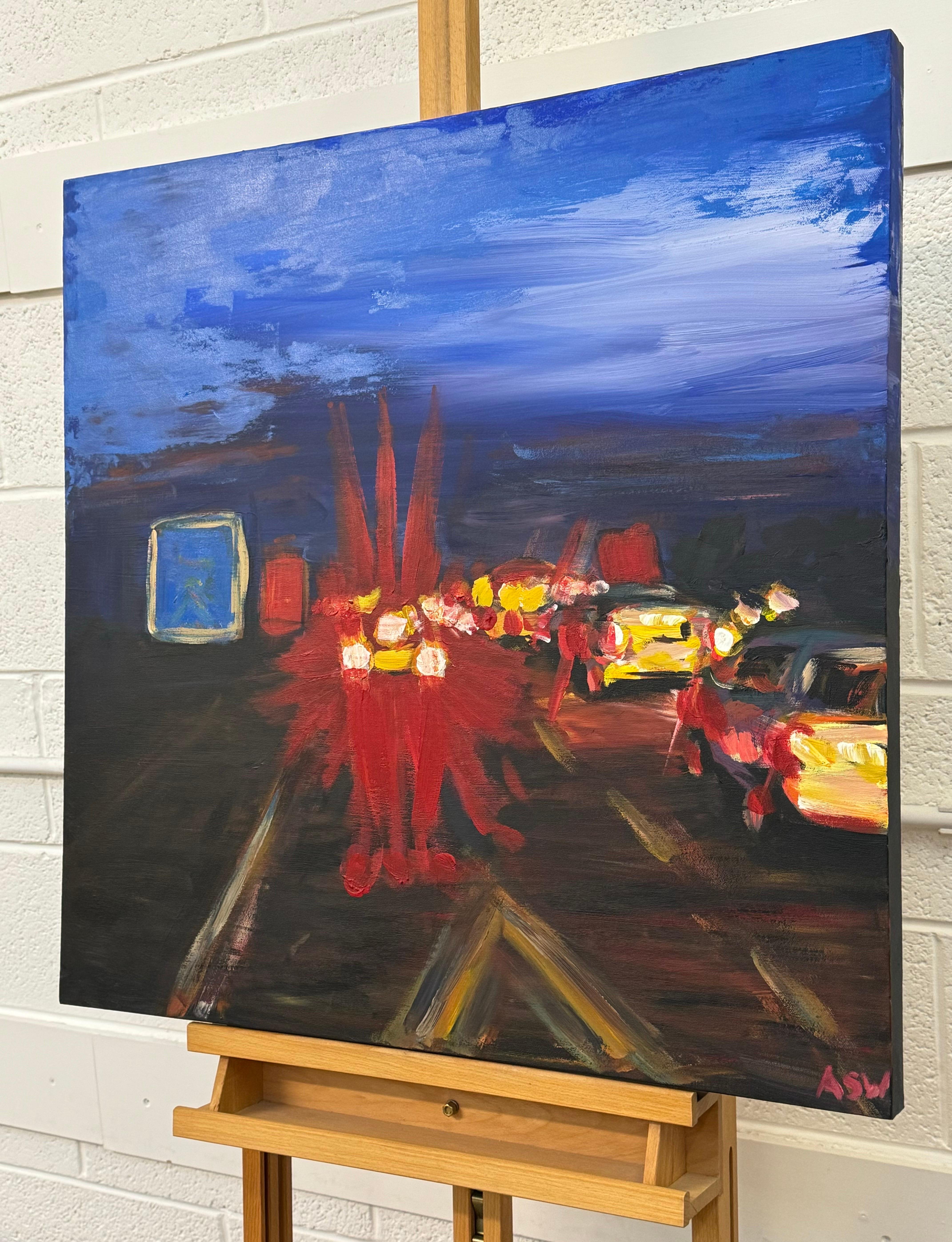 Autostrada M6 in Inghilterra - un raro dipinto espressivo precoce acclamato dalla critica - Landscape Painting Viola di Angela Wakefield