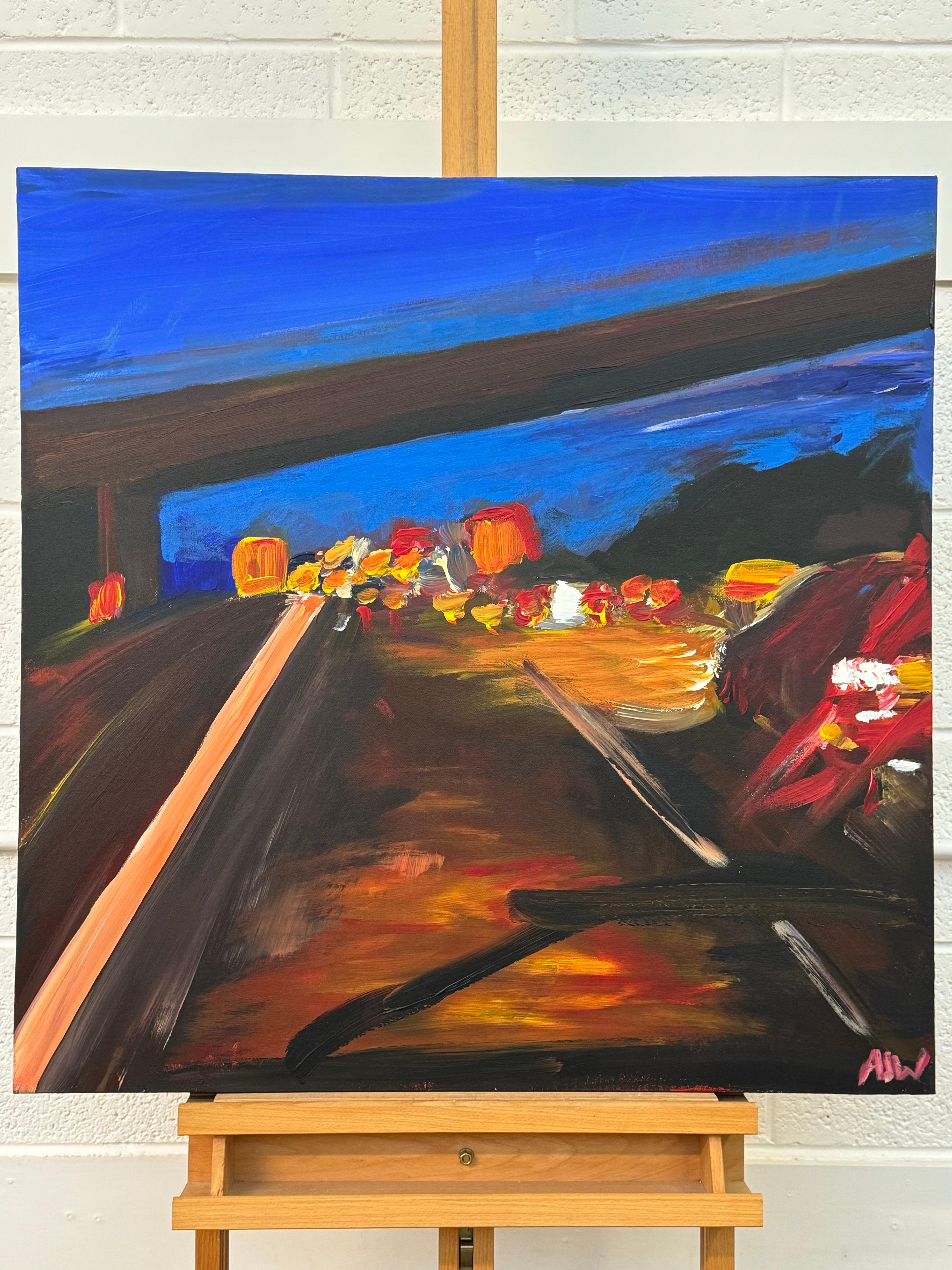 M6 Motorway in England - ein seltenes, von der Kritik hochgelobtes, ausdrucksstarkes Gemälde (Violett), Abstract Painting, von Angela Wakefield