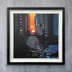 Manhattan Henge at Sunset on busy New York City Street by British Artist