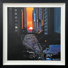 Manhattan Henge at Sunset on busy New York City Street by British Artist