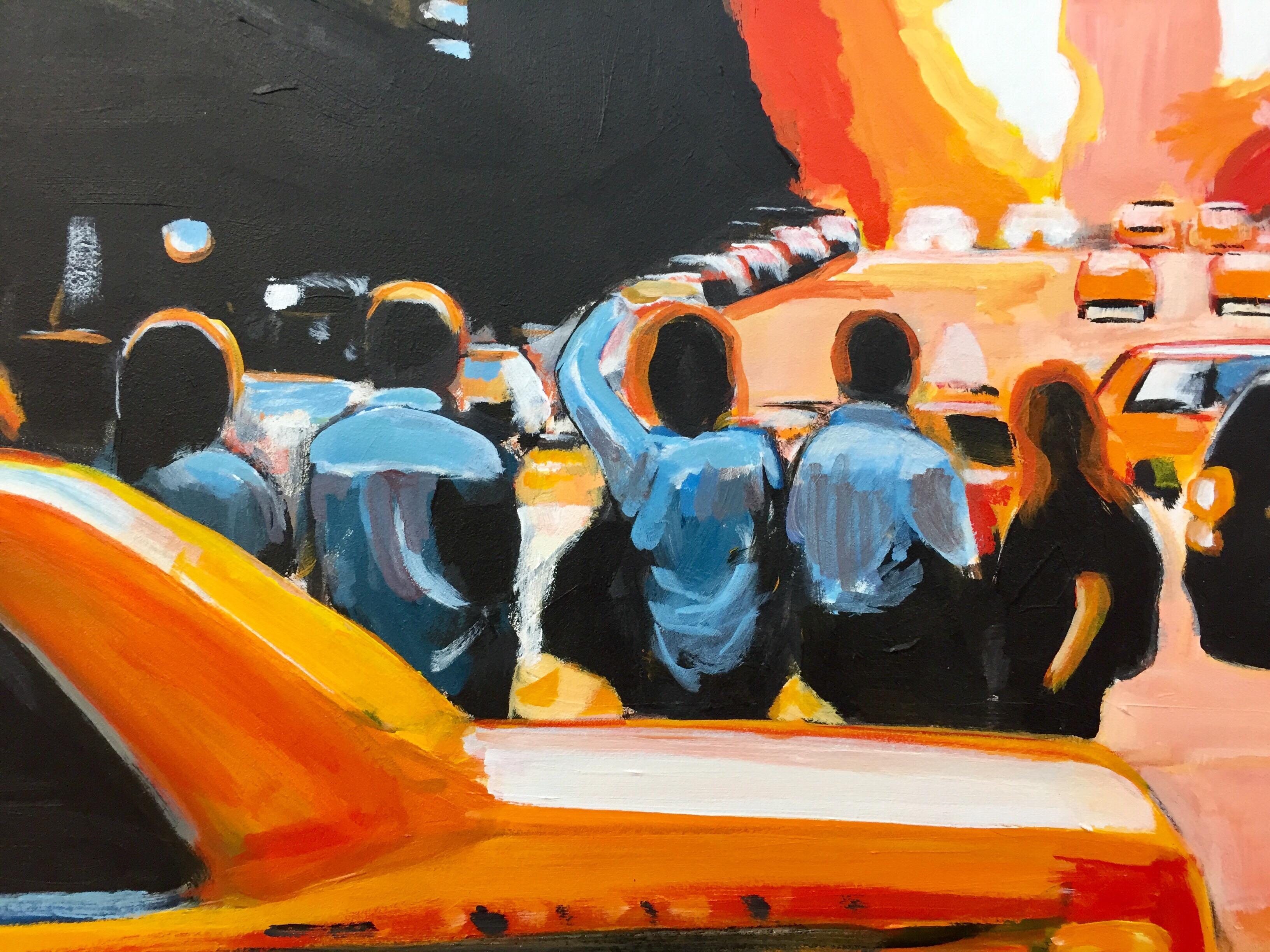 Figures at Manhattan Henge Sunset New York City by Leading British Urban Artist For Sale 5