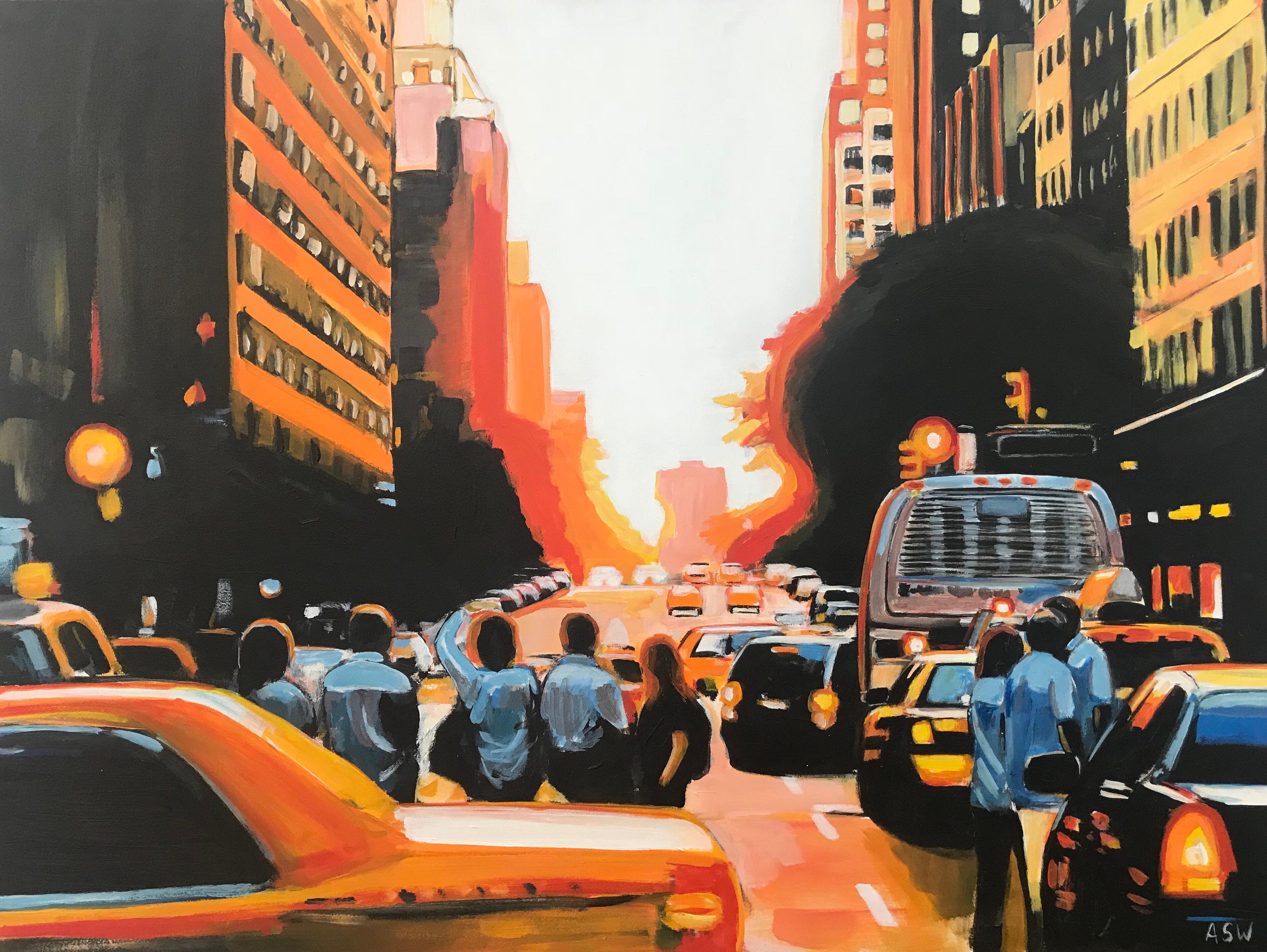 Figures at Manhattan Henge Sunset New York City by Leading British Urban Artist For Sale 2