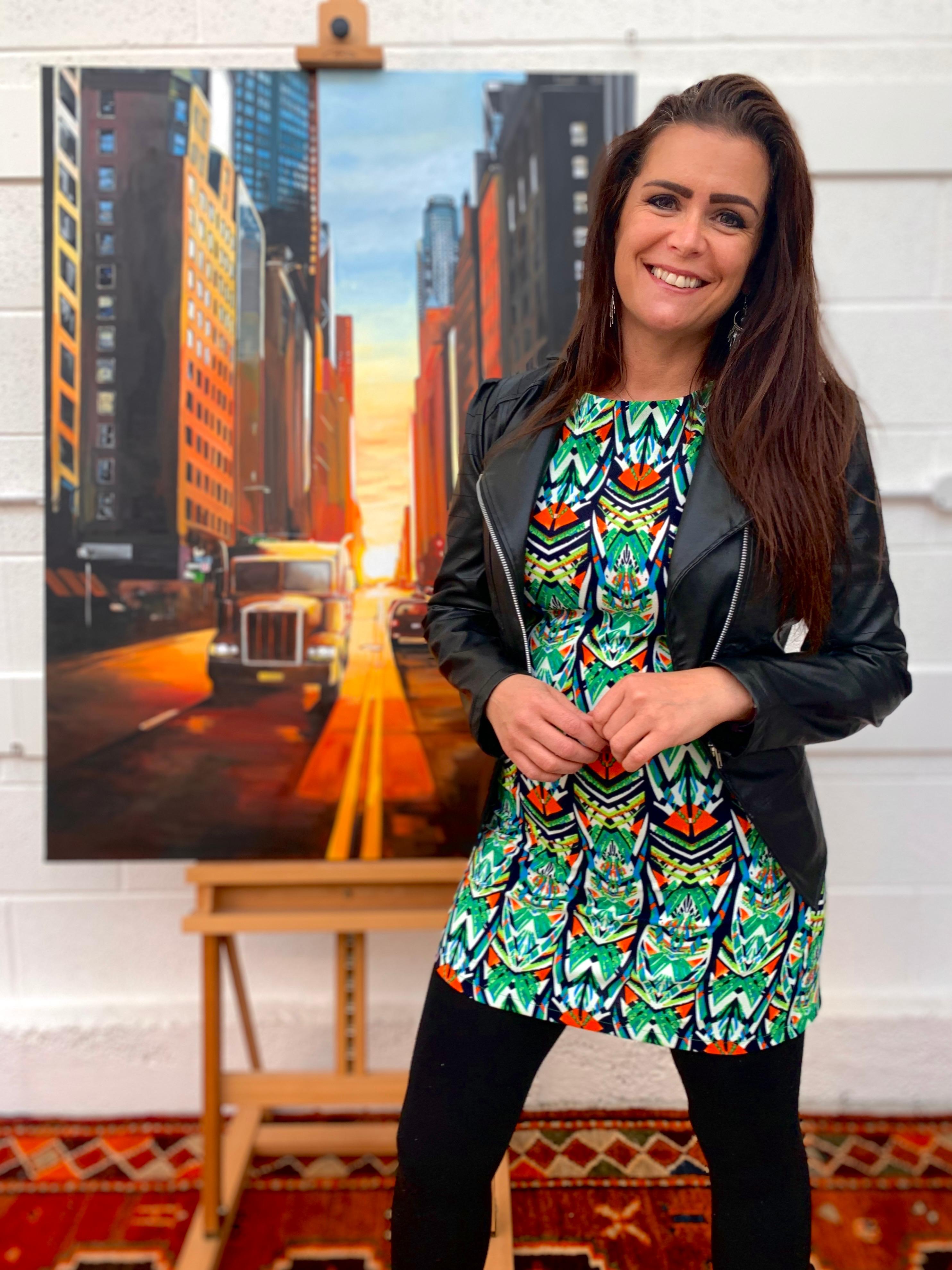 Manhattan Henge Truck Puesta de sol en Nueva York por un artista británico contemporáneo - Painting de Angela Wakefield