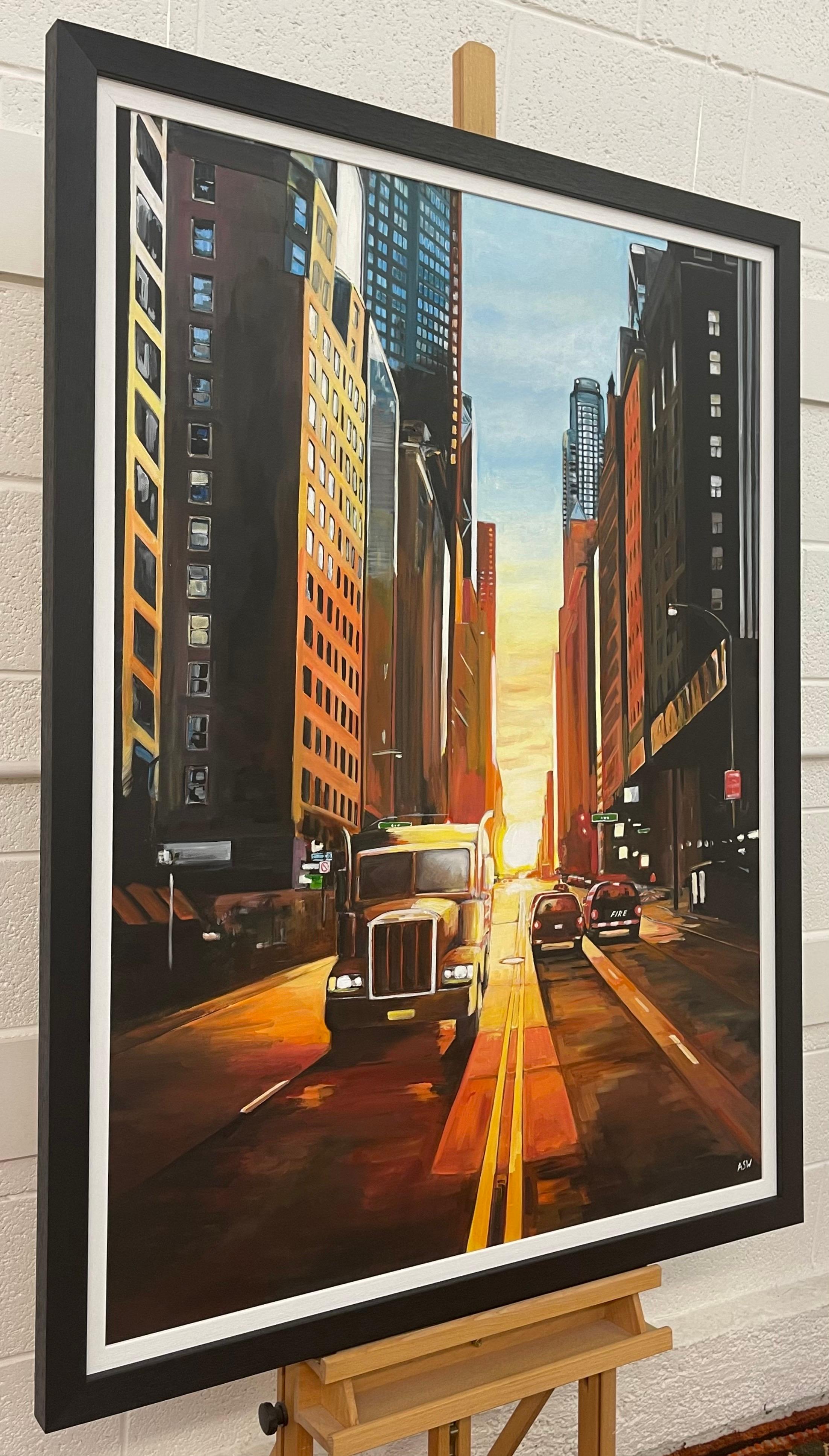 Manhattan Henge Truck Puesta de sol en Nueva York por un artista británico contemporáneo - Painting Contemporáneo de Angela Wakefield
