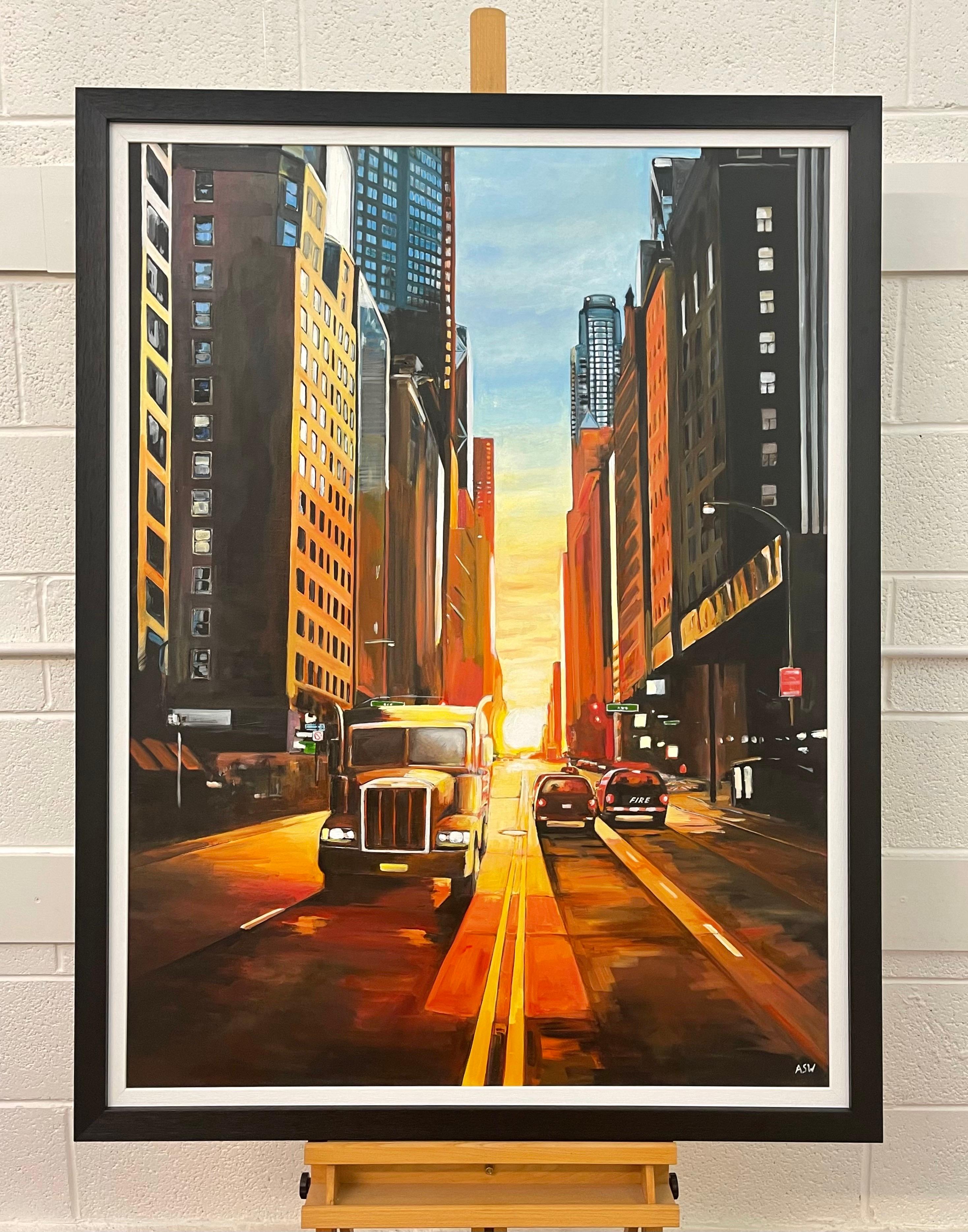 Manhattan Henge Truck Puesta de sol en Nueva York por un artista británico contemporáneo - Landscape Painting Negro de Angela Wakefield