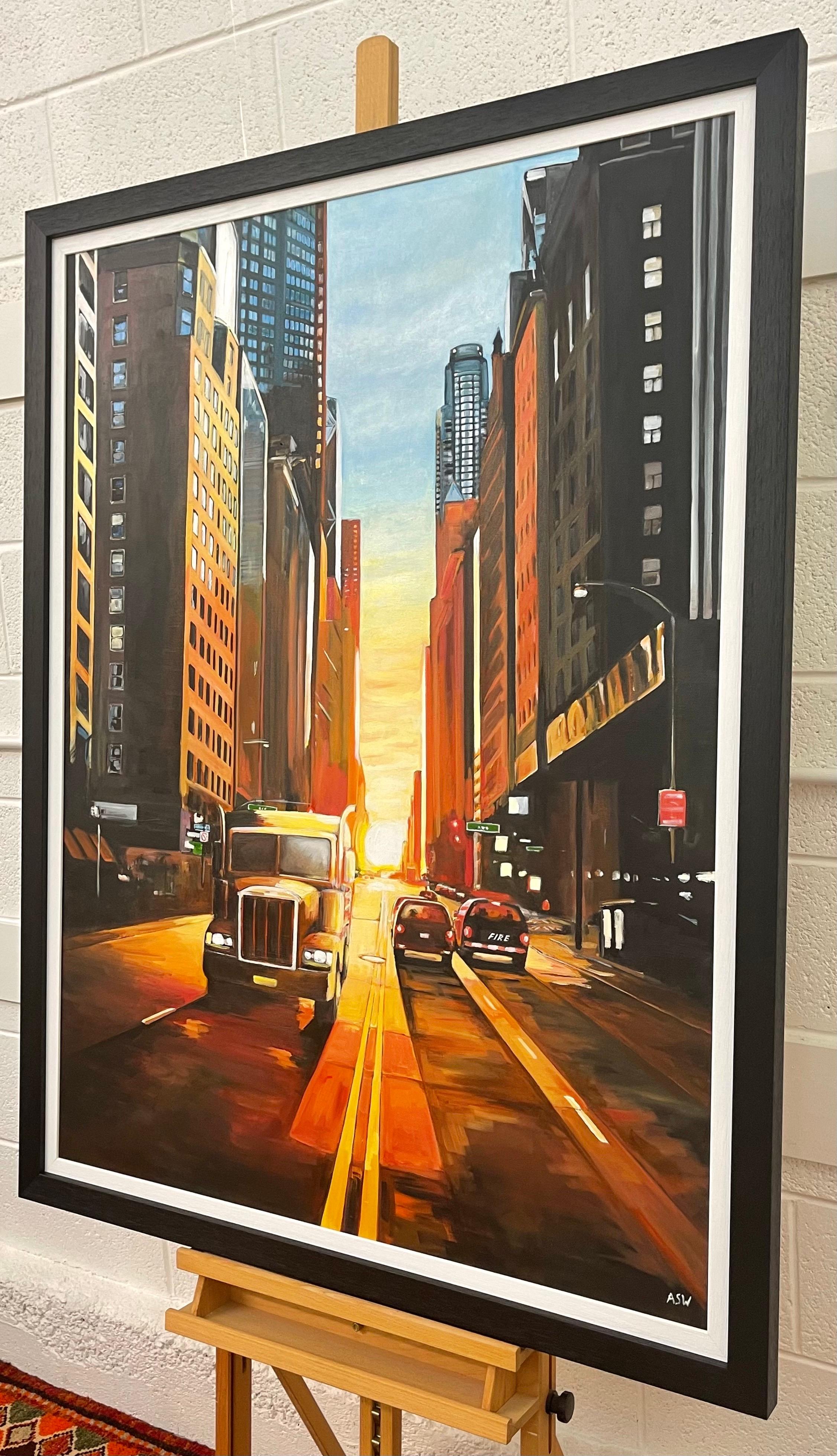 Manhattan Henge Truck New York City Sunset por la destacada artista británica contemporánea, Angela Wakefield. Parte de su serie de Nueva York.

Medidas del cuadro: 36 x 48 pulgadas
El marco mide 41 x 53 pulgadas

La obra de Wakefield es una mezcla