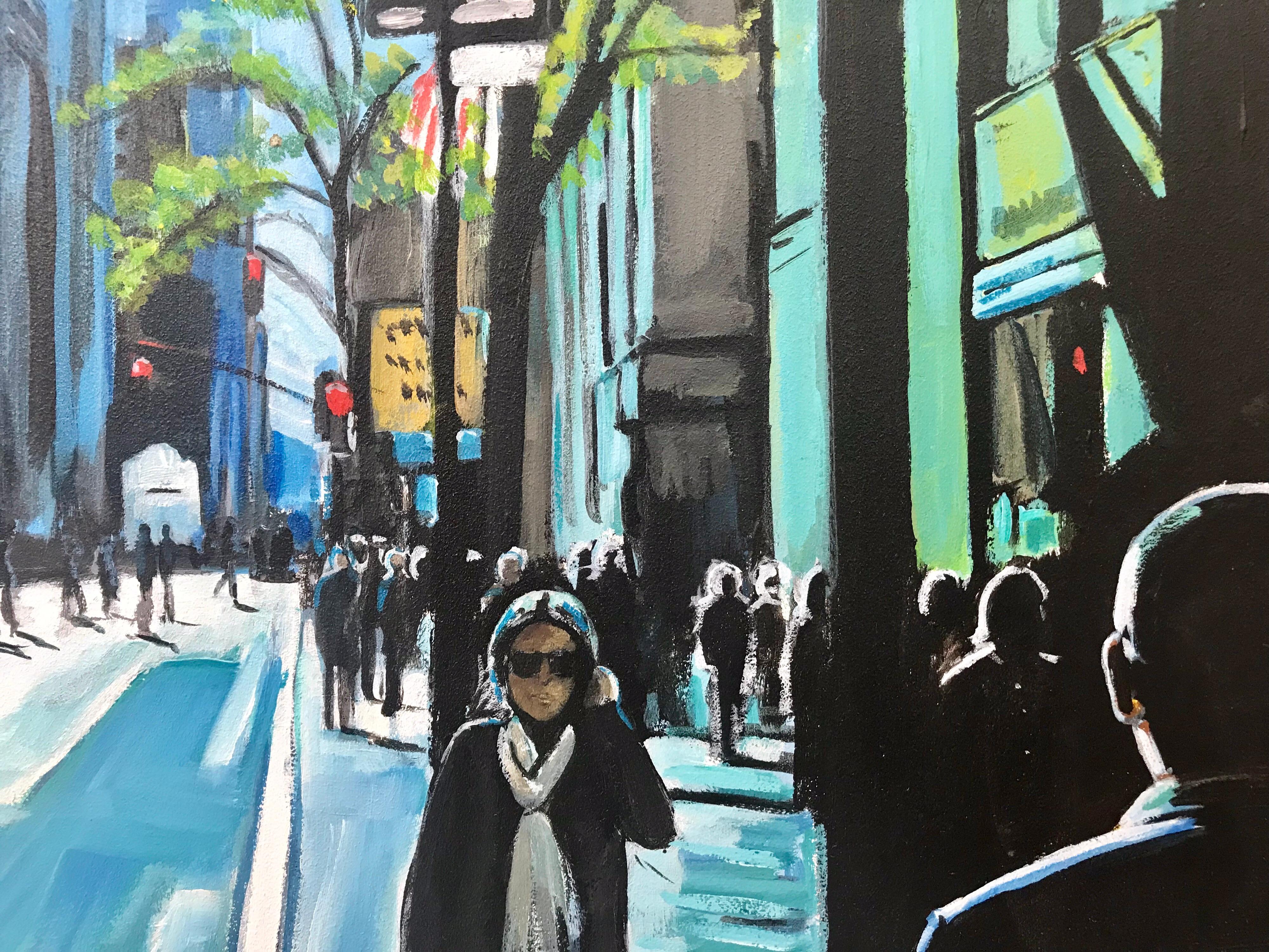 Blue Sky, Sunshine on Manhattan Street - Figurative New York City Painting by Leading British Urban Landscape Artist, Angela Wakefield, with dramatic light and colours.

Art measures 24 x 18 inches
Frame measure 29 x 23 inches

Angela Wakefield has