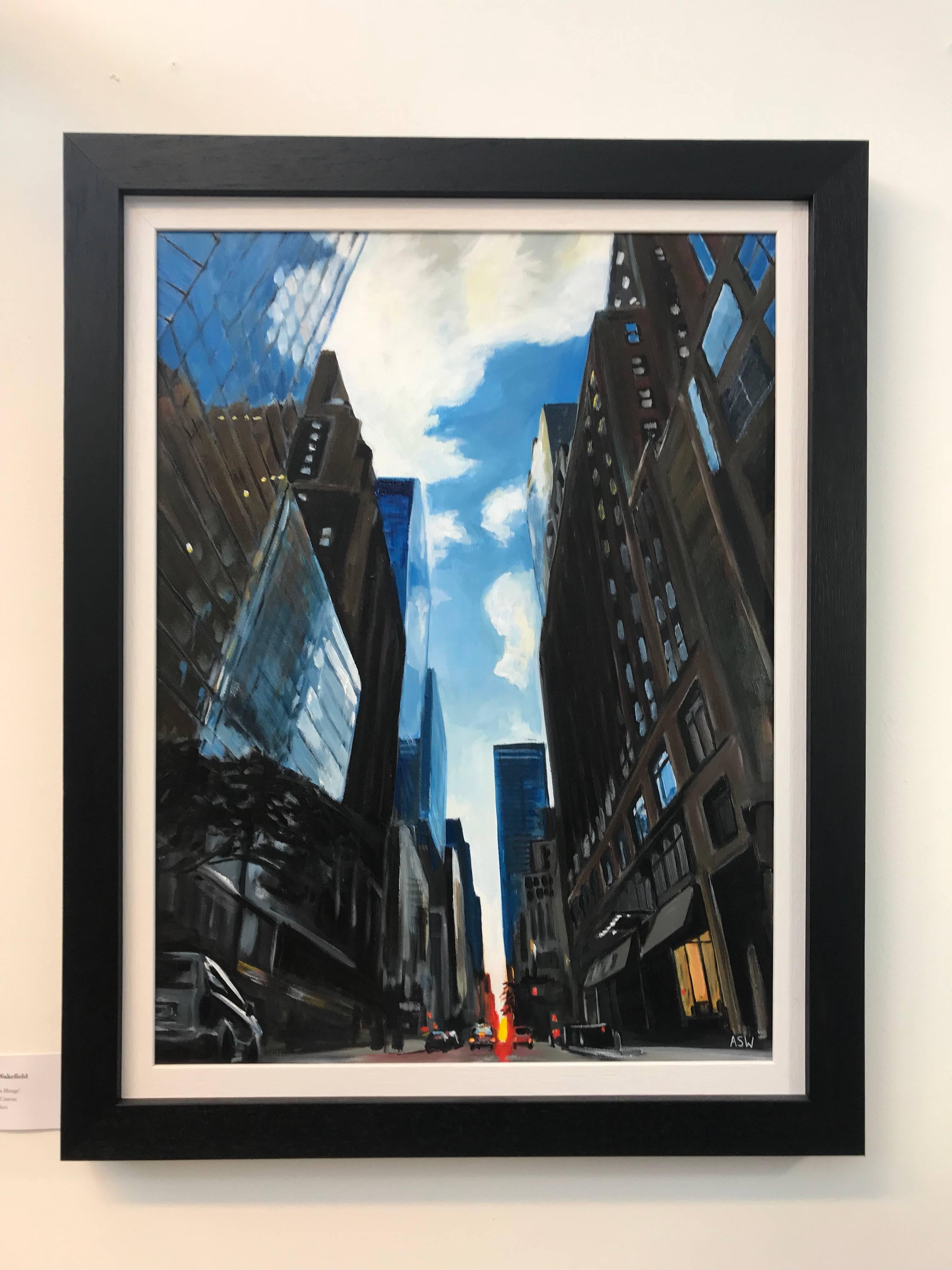 Painting of Summer Sunset in New York City by Leading British Urban Artist UK - Black Figurative Painting by Angela Wakefield