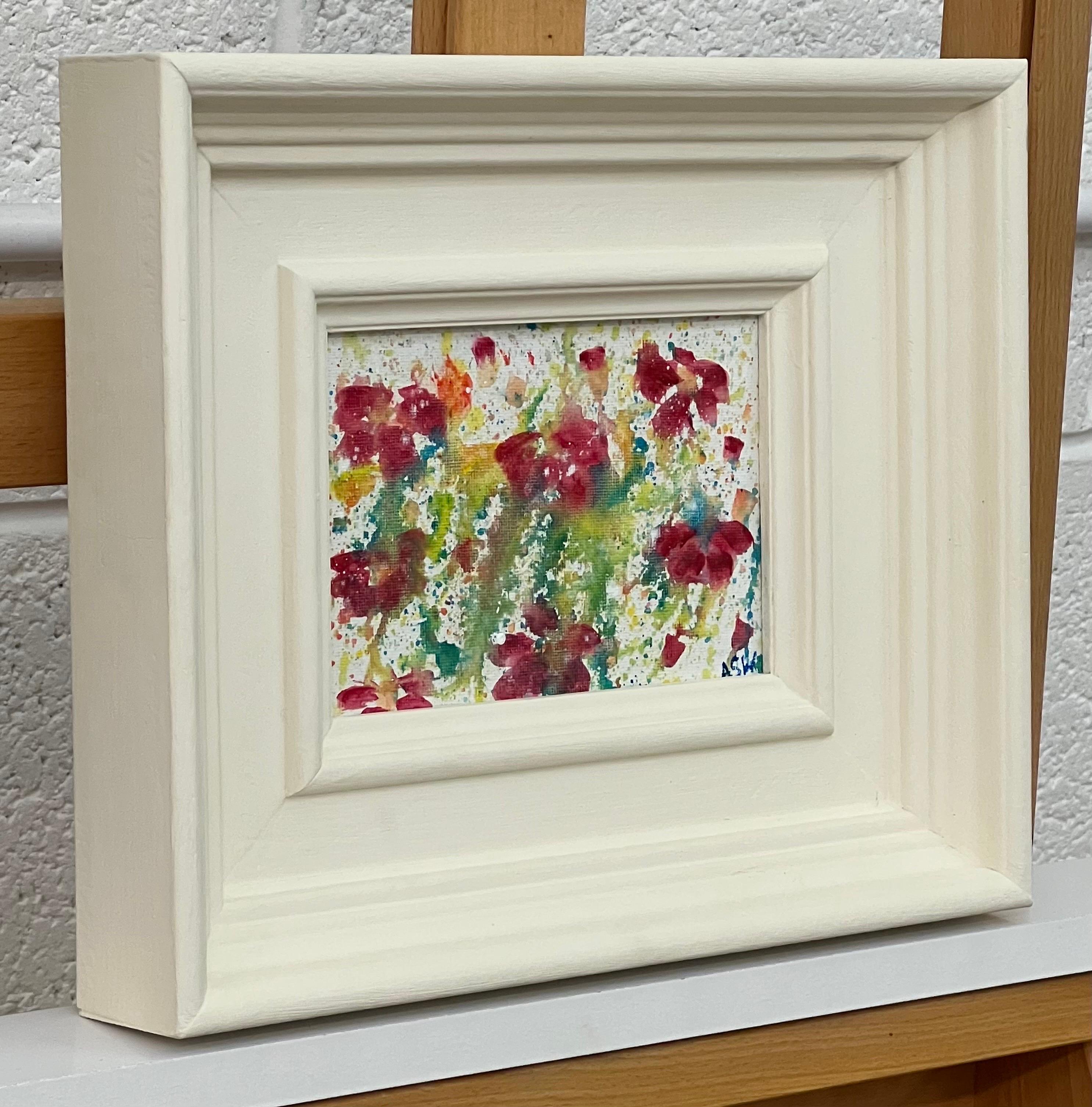 Miniature Abstract Flower Study on White Canvas by Contemporary British Artist - Painting by Angela Wakefield