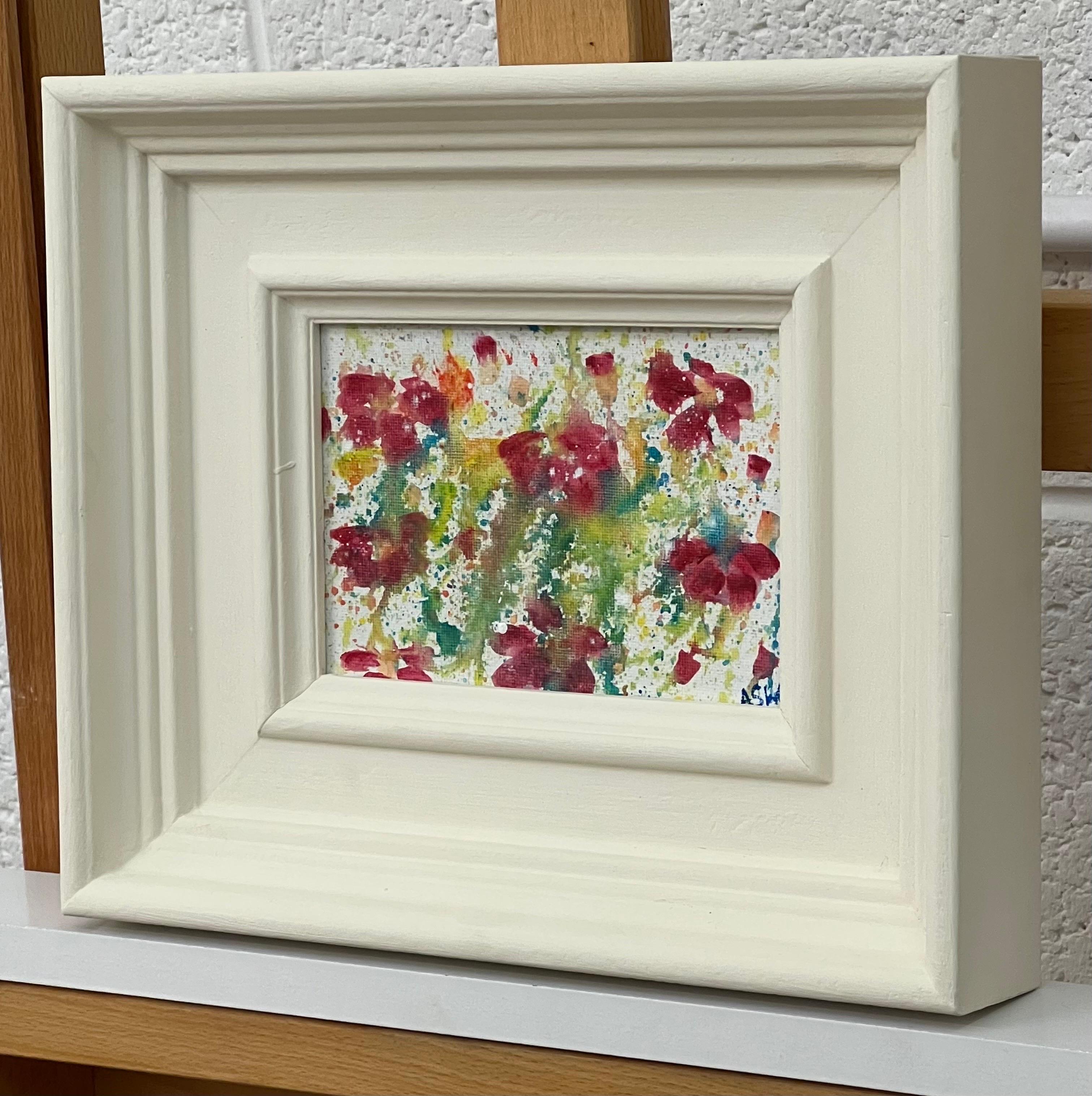 Miniature Abstract Flower Study on White Canvas by Contemporary British Artist For Sale 1