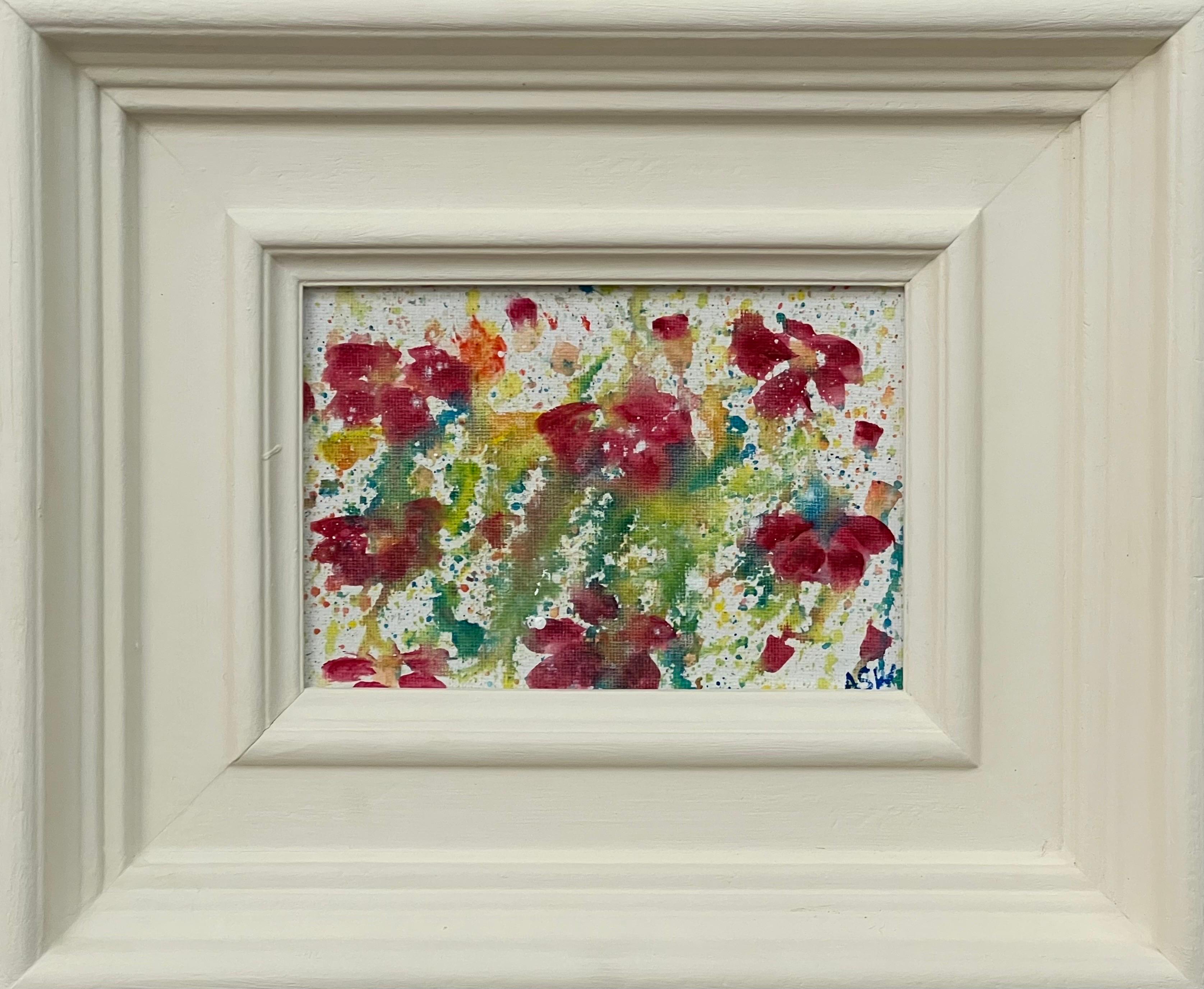 Étude de fleurs abstraites miniatures sur toile blanche d'un artiste britannique contemporain