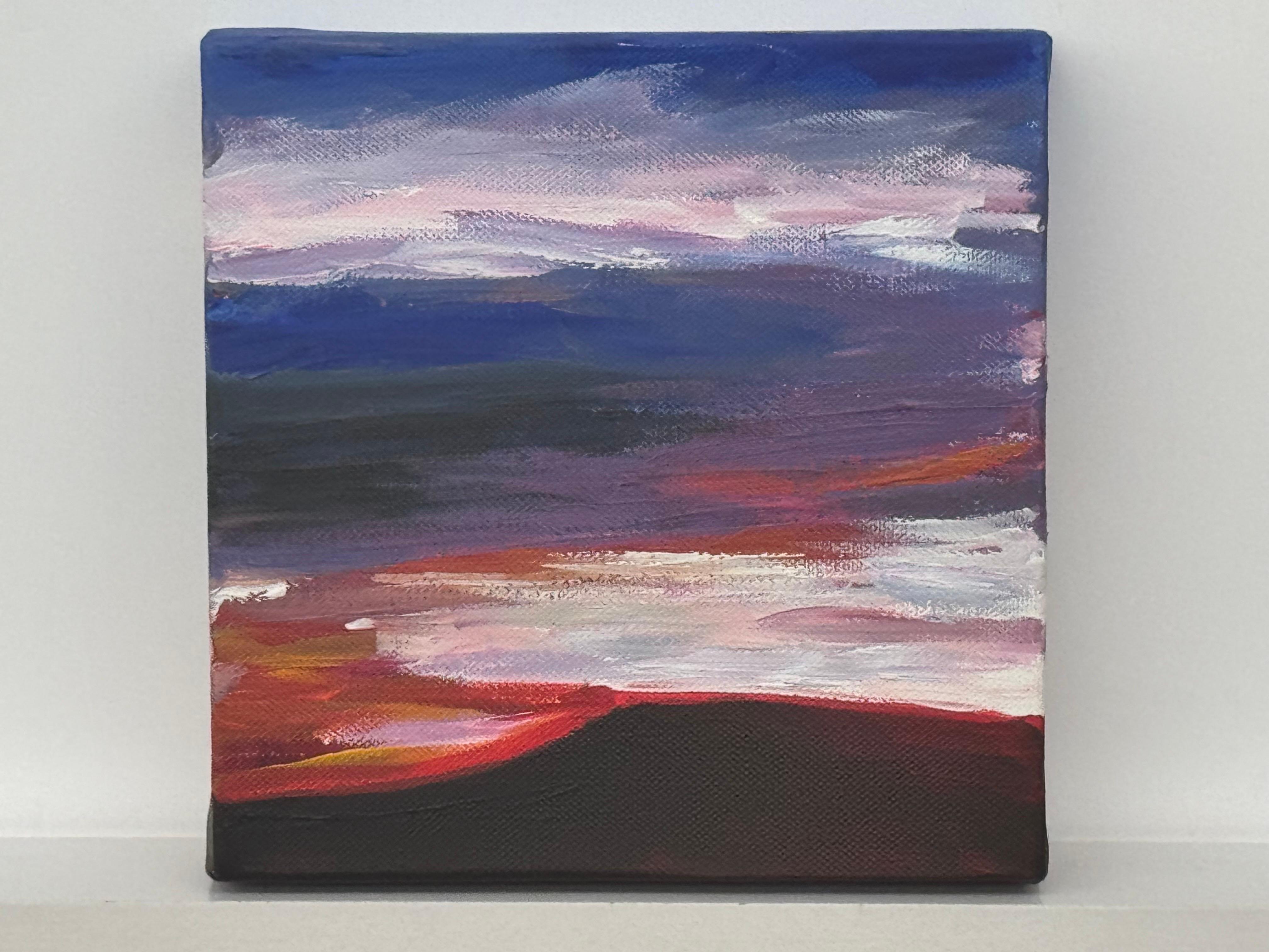 Miniature paysage abstrait peinture de ciel campagne anglaise par un artiste britannique - Gris Landscape Painting par Angela Wakefield