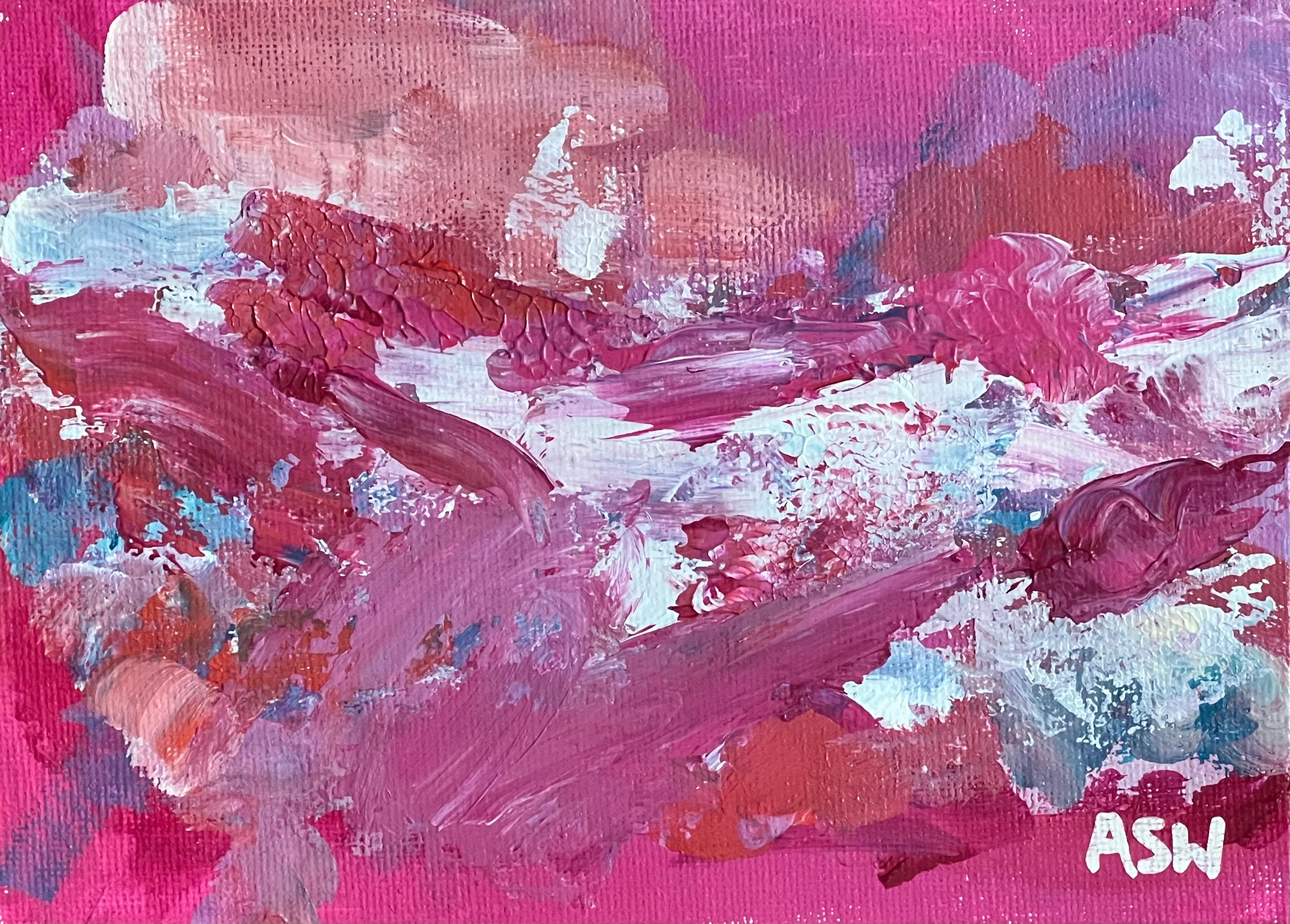 Abstraktes Miniatur-Gemälde auf rosa Hintergrund von Contemporary British Artist (Zeitgenössisch), Painting, von Angela Wakefield