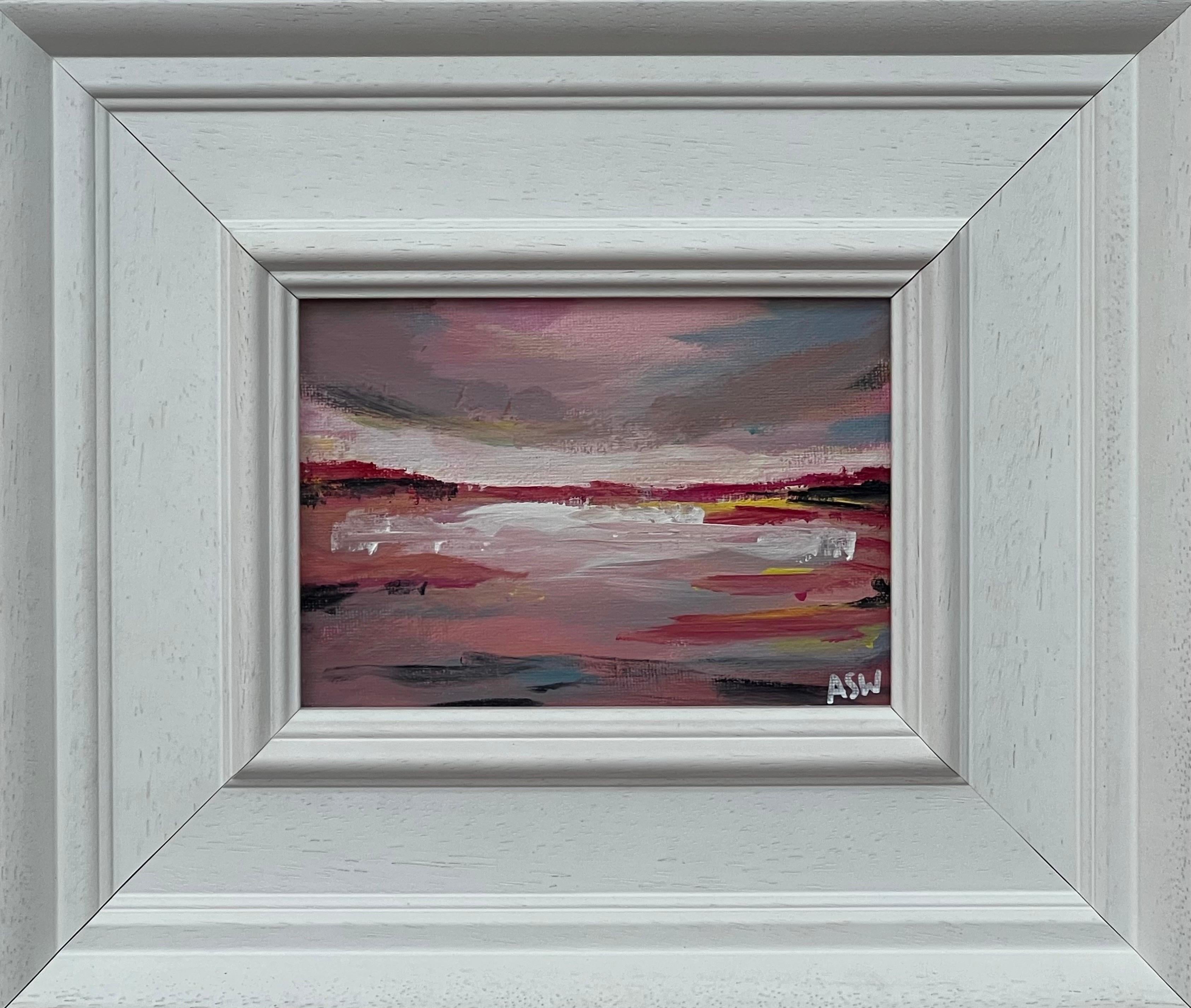 Angela Wakefield Landscape Painting - Miniature Abstract Painting Study with Pink by Contemporary British Artist